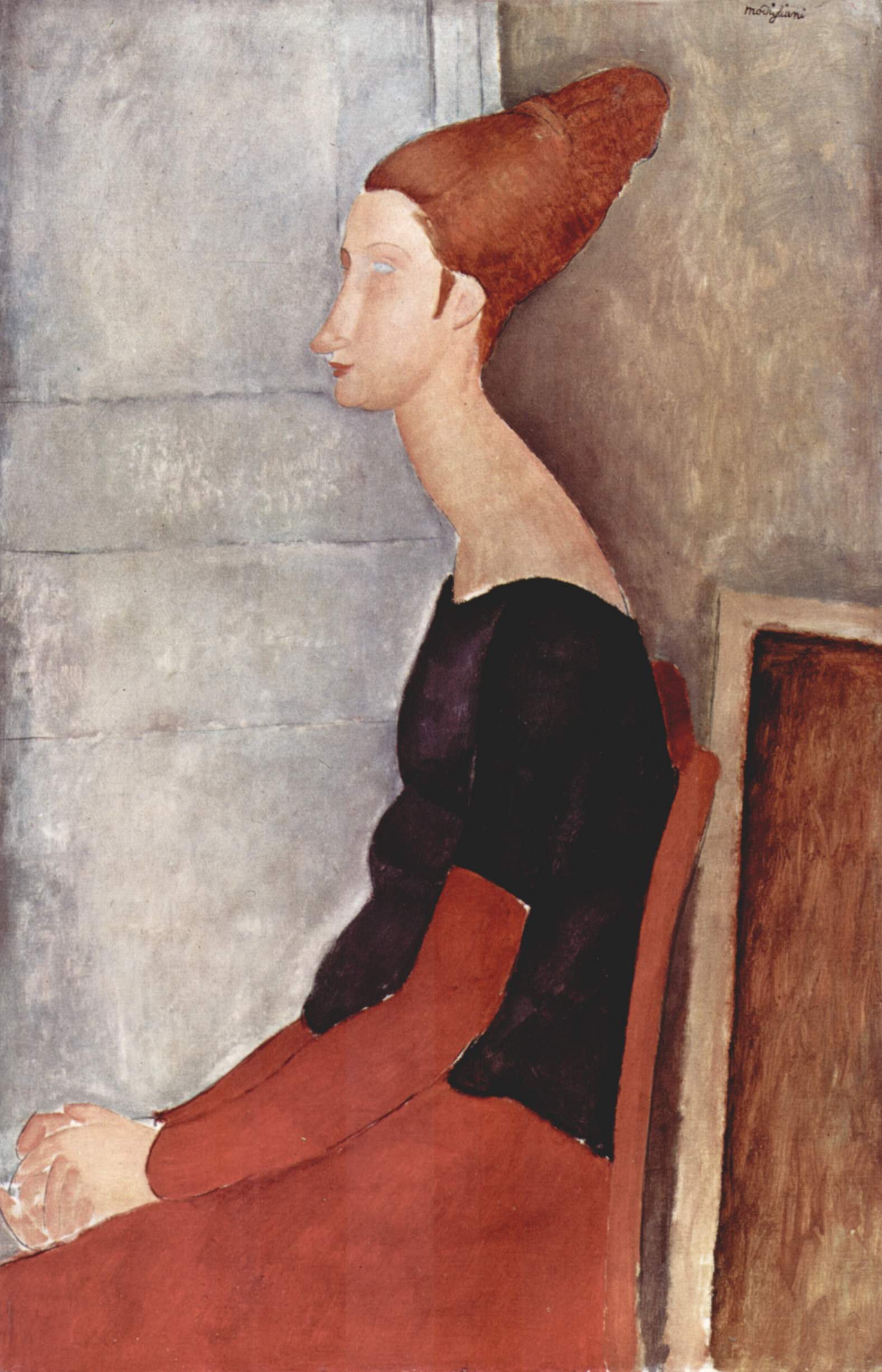 Reproduction du tableau « Portrait de Jeanne Hébuterne assise de profil - Amedeo Modigliani » par Alpha Reproduction en peinture à l’huile