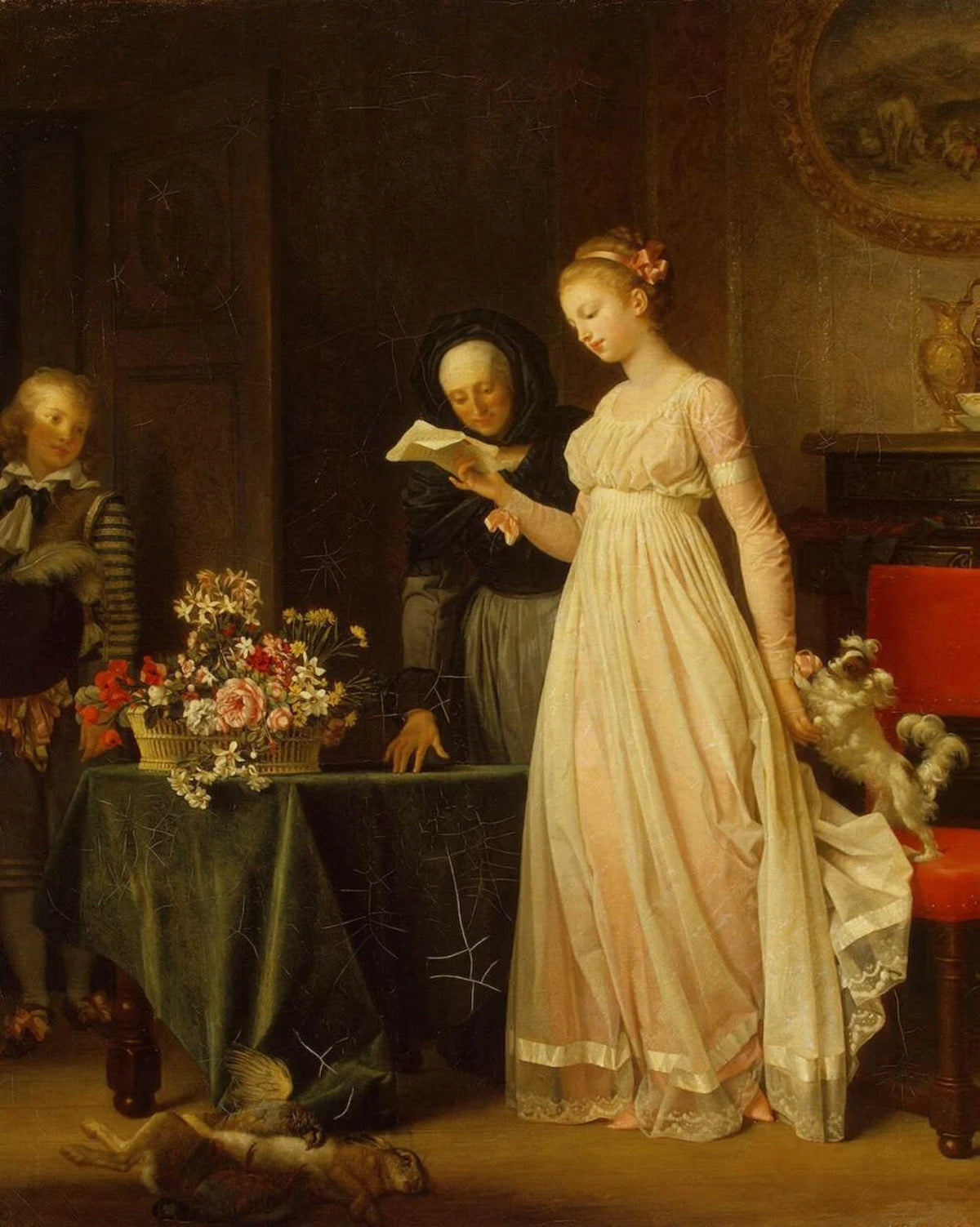 Scène de cadeau peinte par Marguerite Gérard, repère pour offrir un tableau