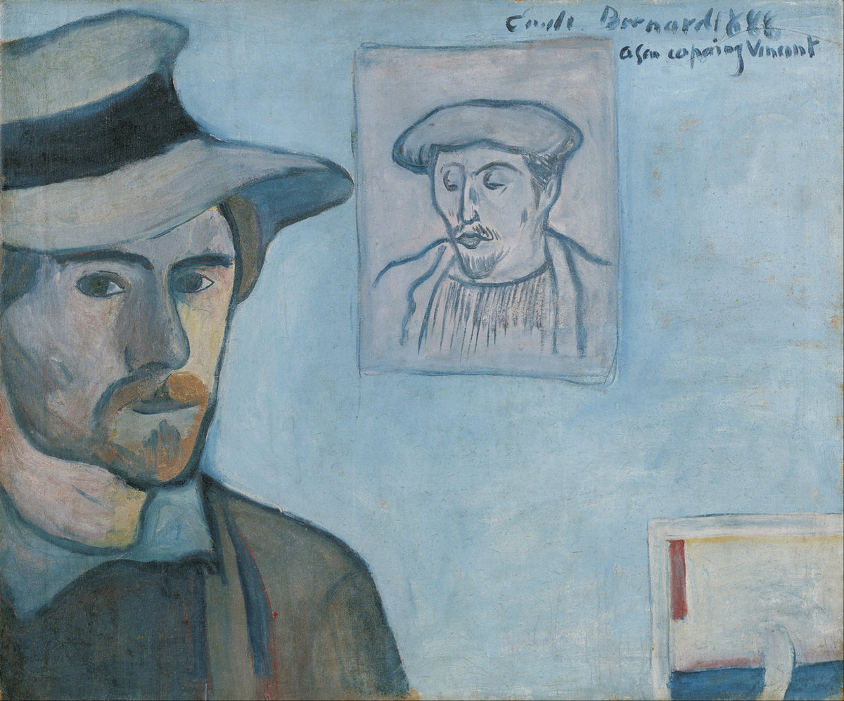 Autoportrait d’Émile Bernard avec le portrait de Gauguin, dédié à Vincent van Gogh en 1888