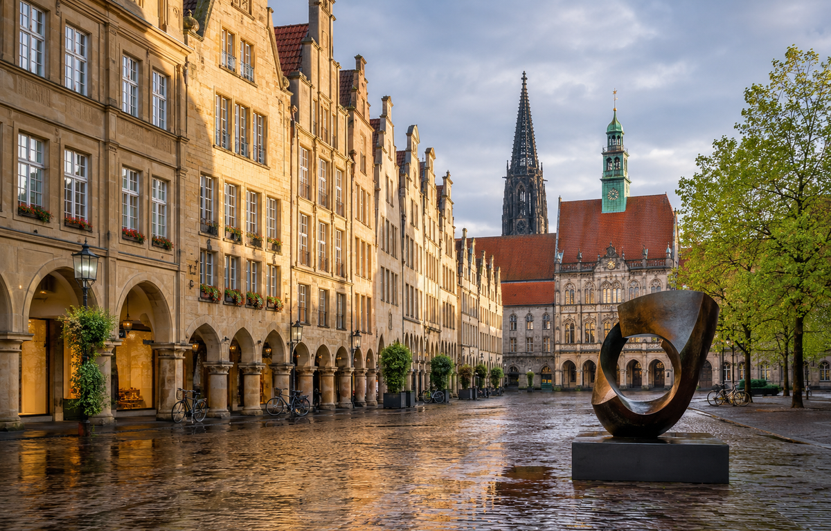 Panorama artistique de Münster entre le Prinzipalmarkt et la sculpture contemporaine