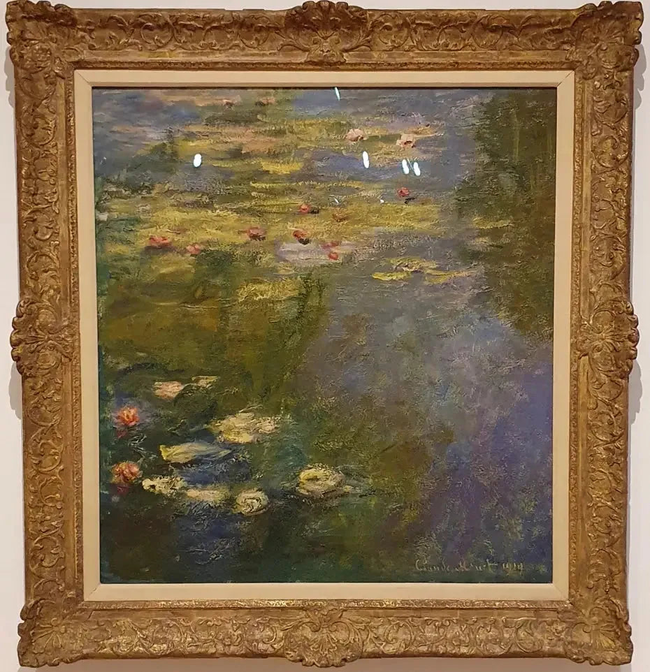L'étang aux nymphéas de Claude Monet, reproduction peinte à l'huile pour comparer Nymphéas, Coquelicots et Meules