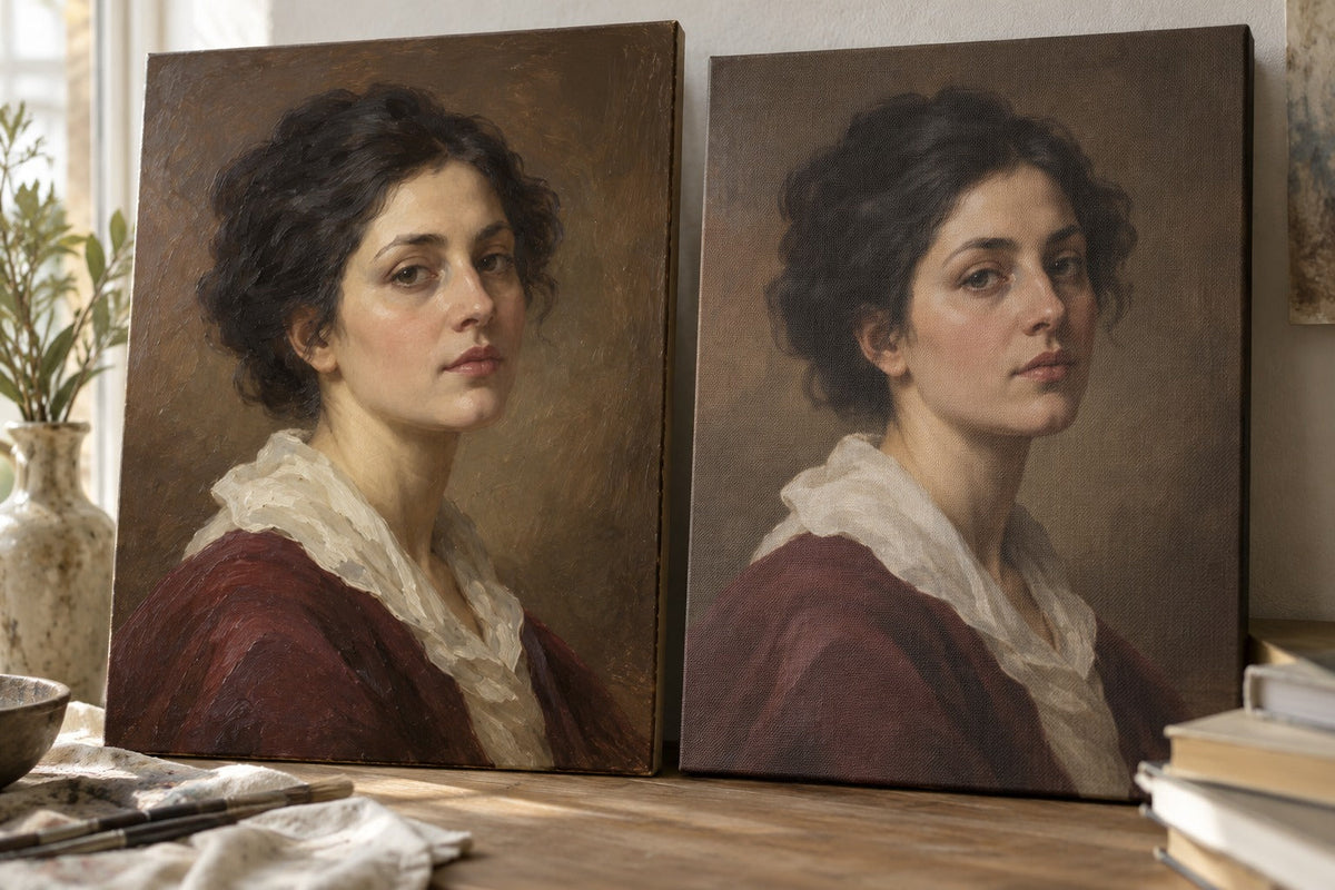 Comparaison conceptuelle IA de deux portraits inventés sur toile