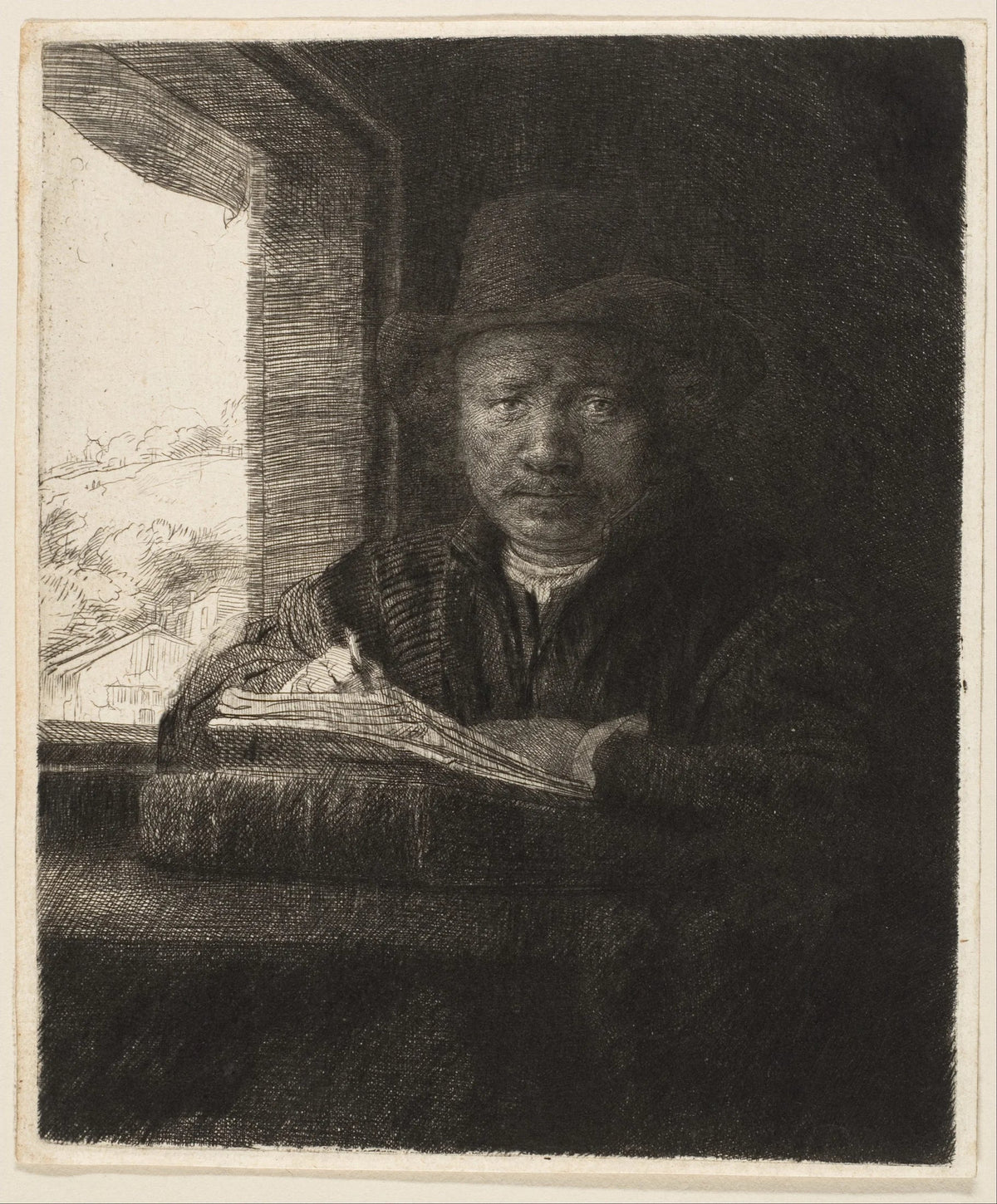 Rembrandt gravant à la fenêtre dans son autoportrait de 1648