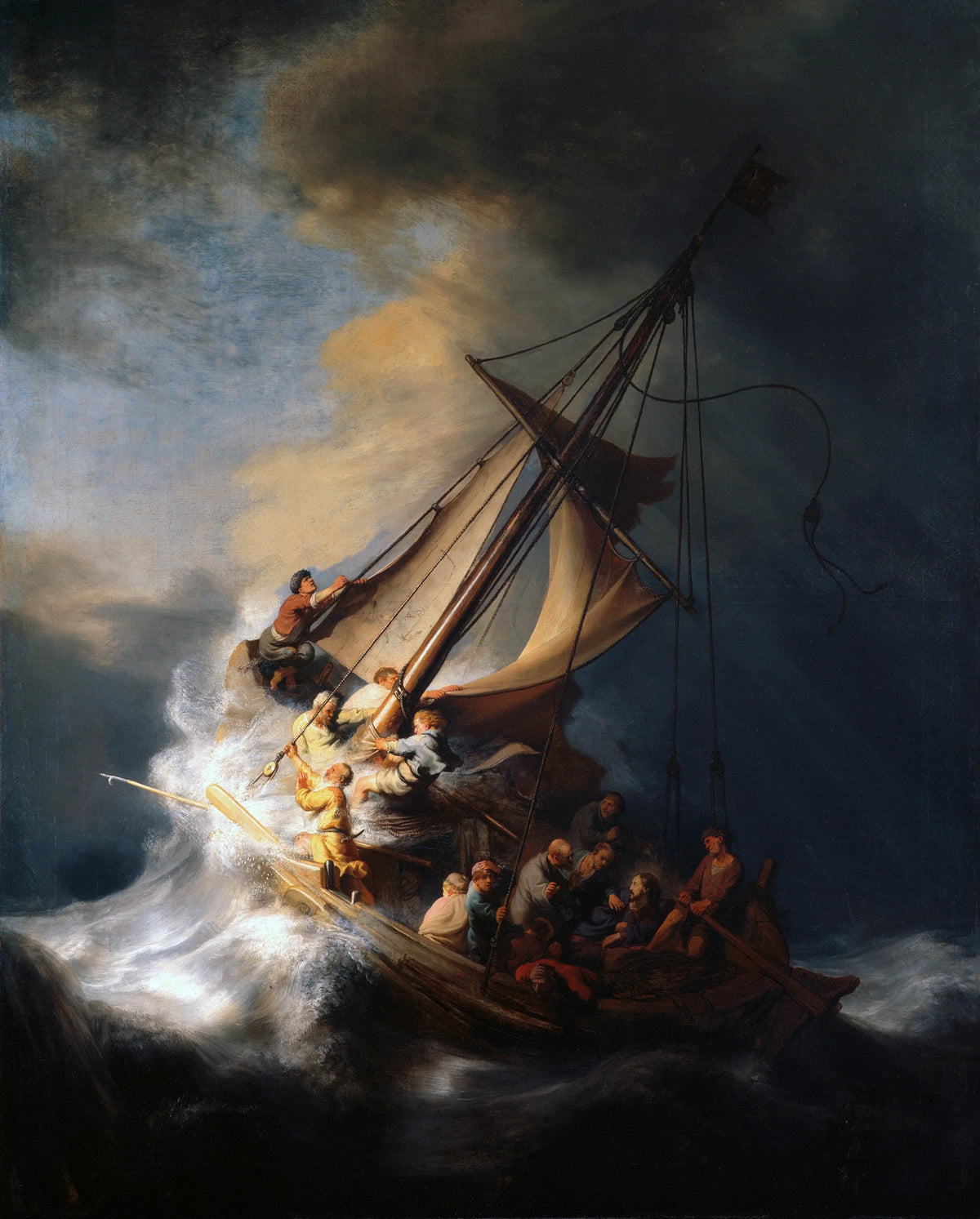 Rembrandt, La Tempête sur la mer de Galilée, navire incliné dans une mer déchaînée