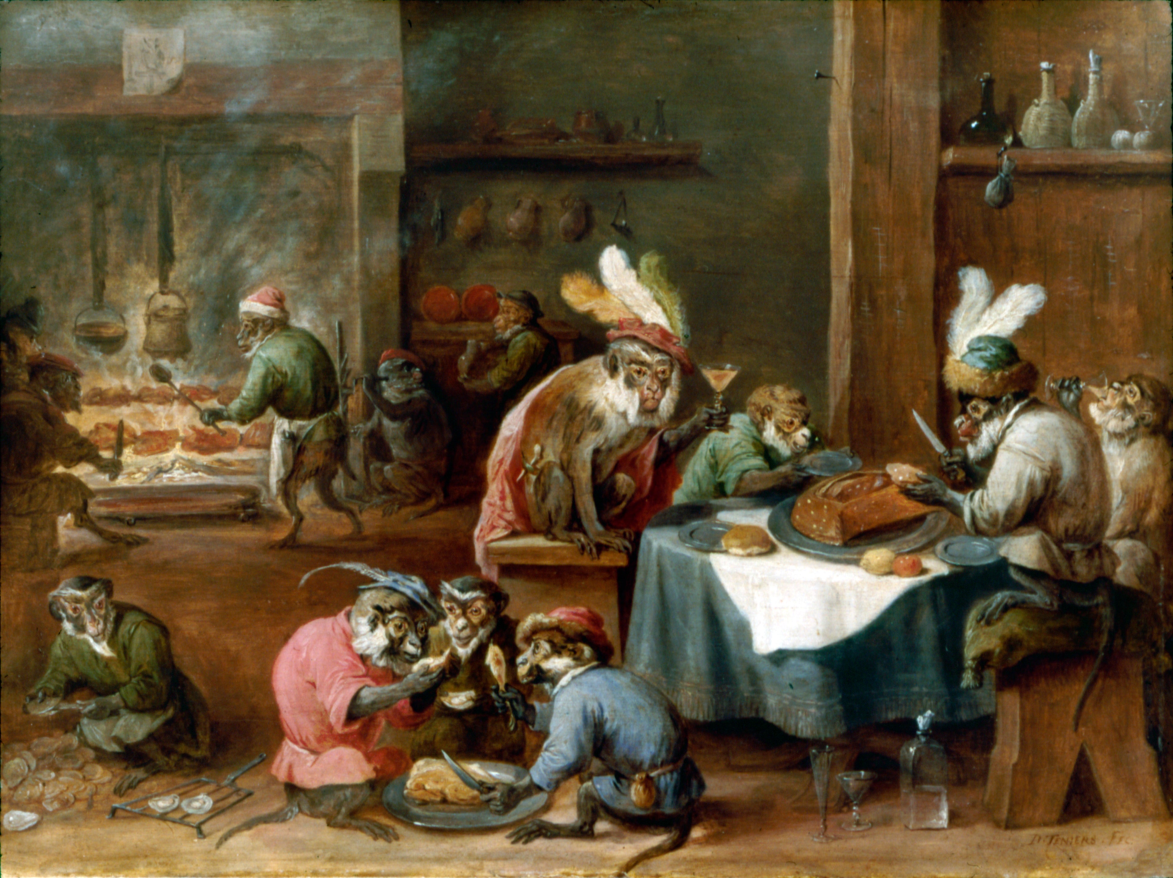 Singes prenant un repas dans une cuisine - David Teniers le Jeune