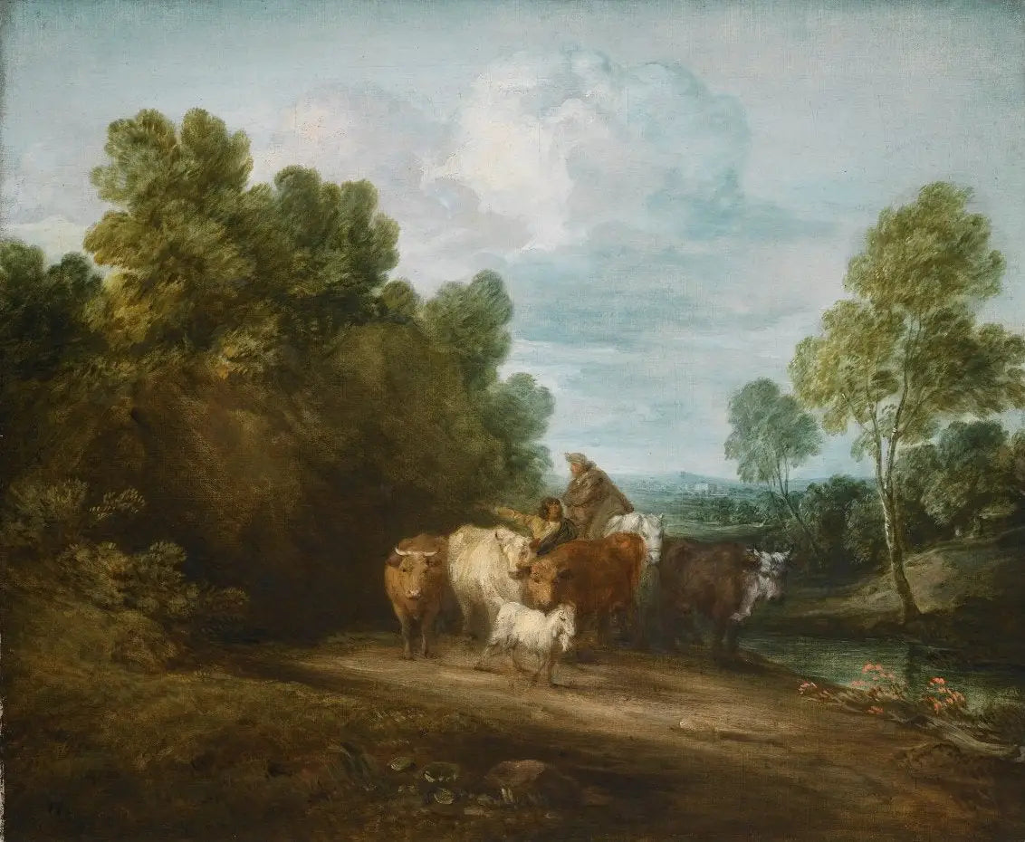 Paysage rocheux boisé avec paysan à cheval bouvier et bétail et bâtiment au loin - Thomas Gainsborough - Alpha