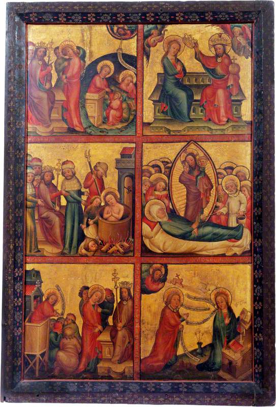 3 scenerier fra livet til Saint Johannes Evangelisten; 3 scenerier fra livet til Jomfruen (triptyk, venstre ytre panel) - Mester Bertram