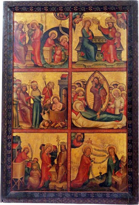 3 scenerier fra livet til Saint Johannes Evangelisten; 3 scenerier fra livet til Jomfruen (triptyk, venstre ytre panel) - Mester Bertram