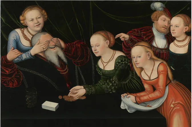 6 personer, jenter som leker med en gammel mann - Lucas Cranach den eldre