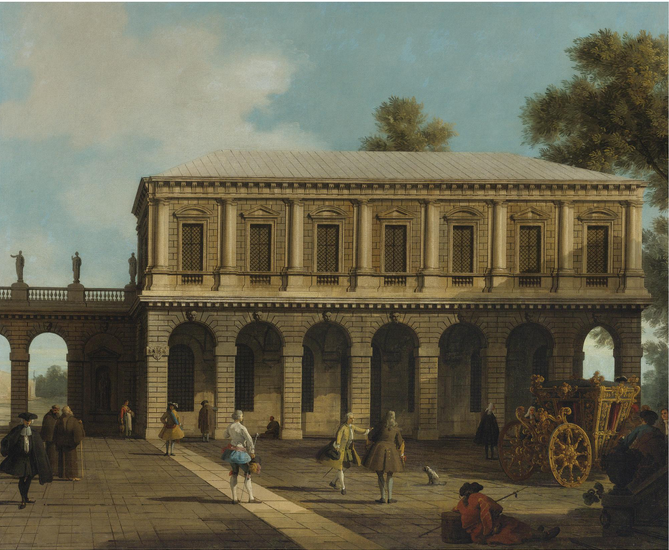 Un Capriccio des prisons de San Marco situé sur une place avec un carrosse et des habitants de la ville - Canaletto