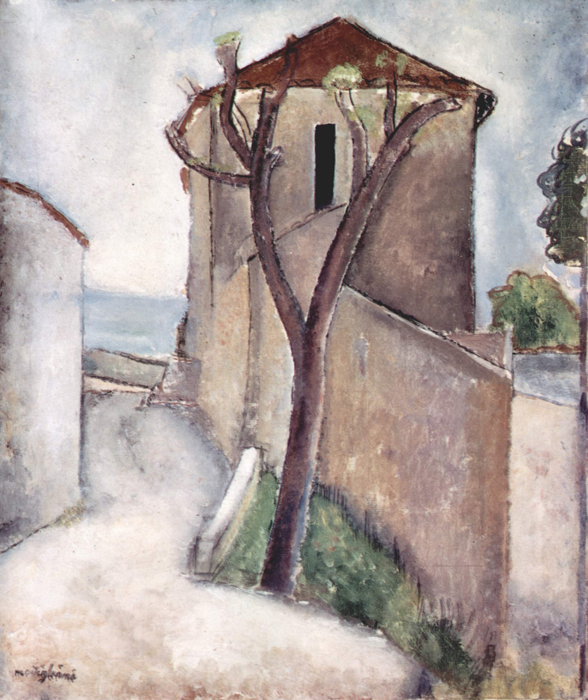 Reproduction du tableau « Arbre et maison - Amedeo Modigliani » par Alpha Reproduction en peinture à l’huile