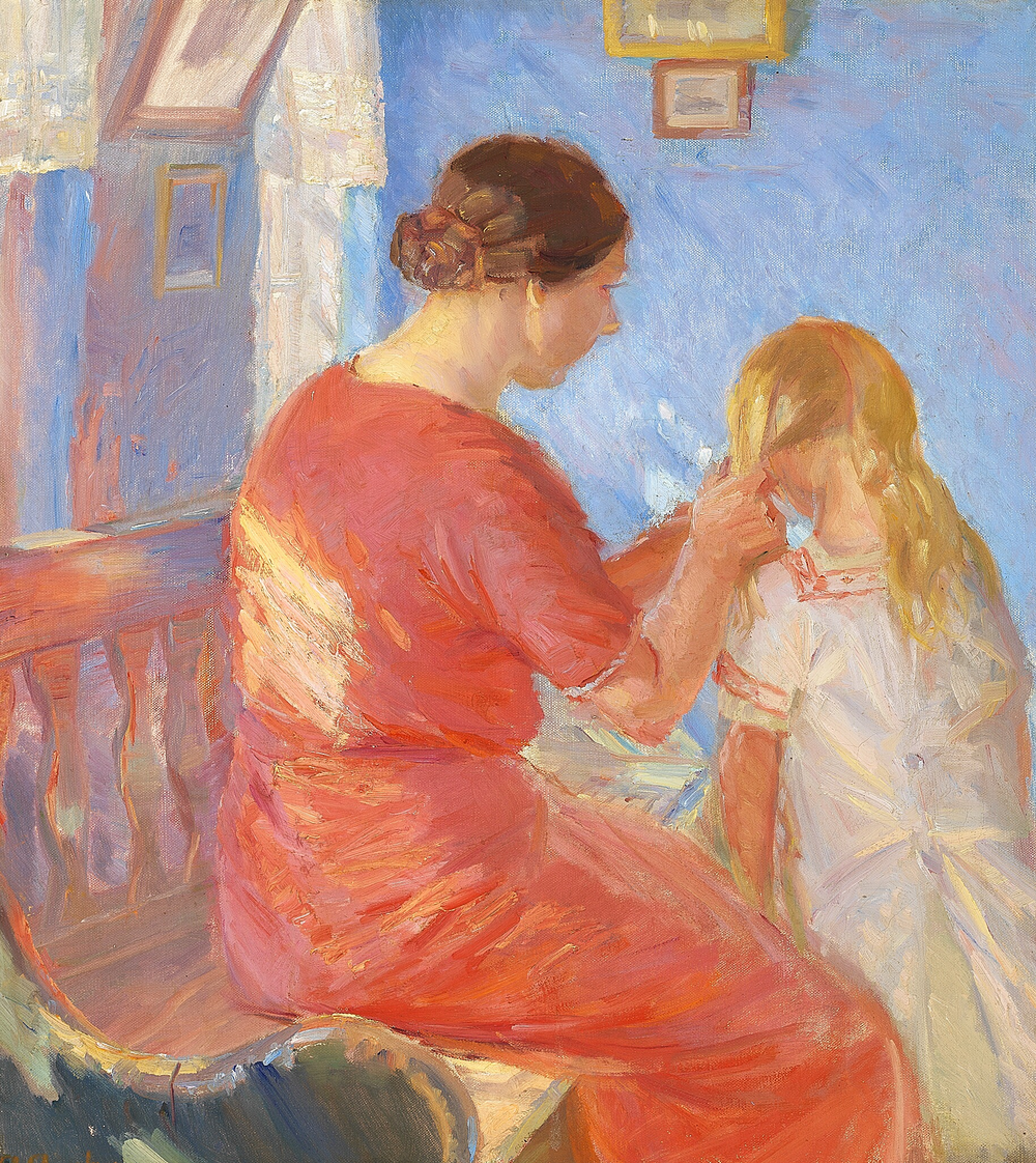 Une mère qui tresse les cheveux de son enfant. - Anna Ancher image 1 reproduction d’œuvre d’art à l’huile
