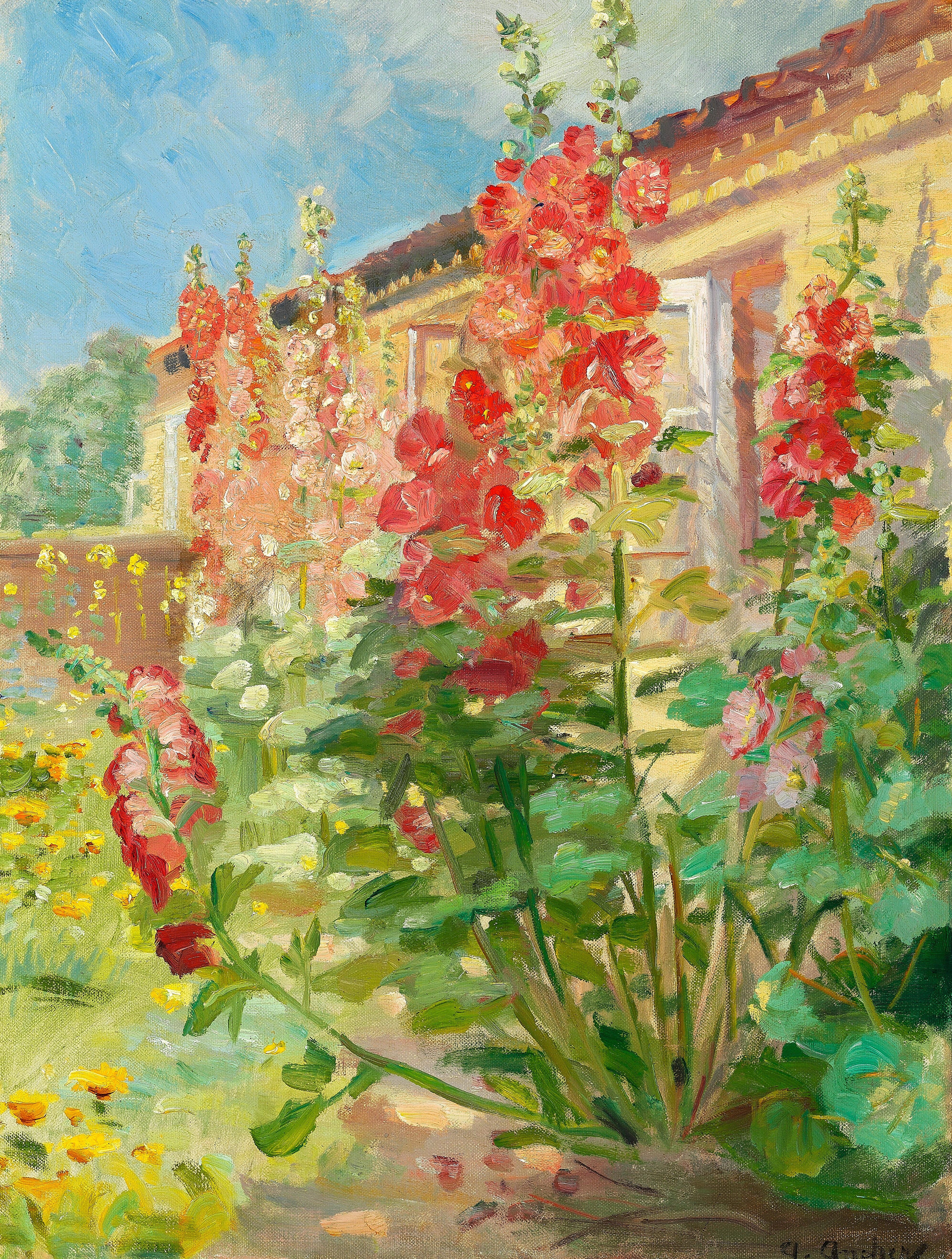 Roses trémières rouges dans le jardin de la famille Ancher à Markvej à Skagen. - Anna Ancher - Alpha Reproduction