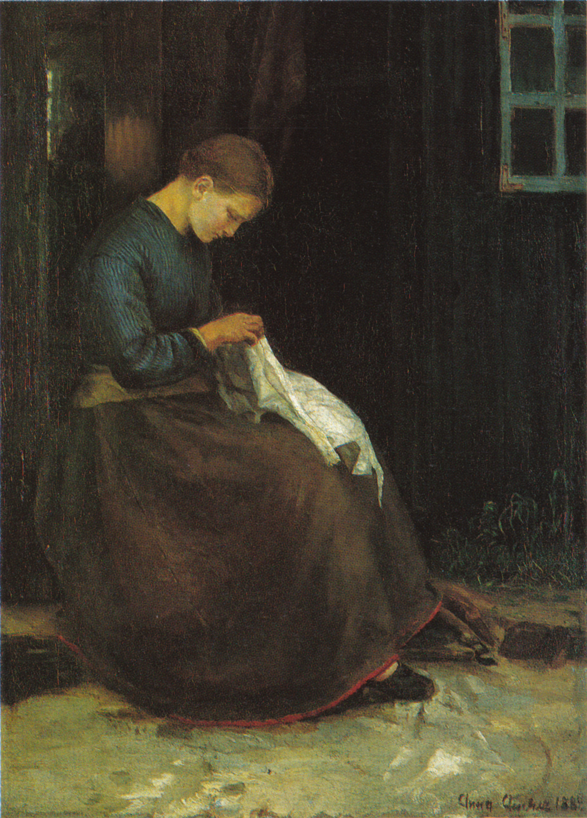 Jeune femme avec son ouvrage de couture à la porte d’une maison - Anna Ancher - Alpha Reproduction