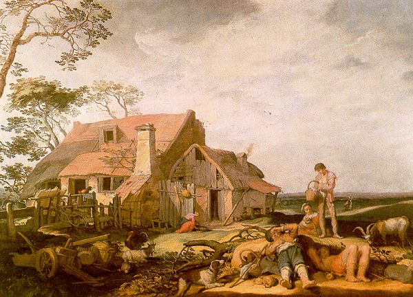 Paysage avec une ferme, des paysans et l'exode de Tobias avec l'ange - Abraham Bloemaert