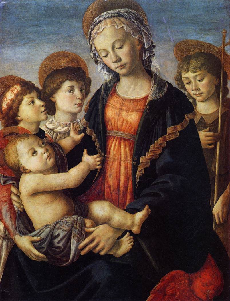 Jomfruen med barnet, den unge Saint Johannes Døperen og to engler - Sandro Botticelli