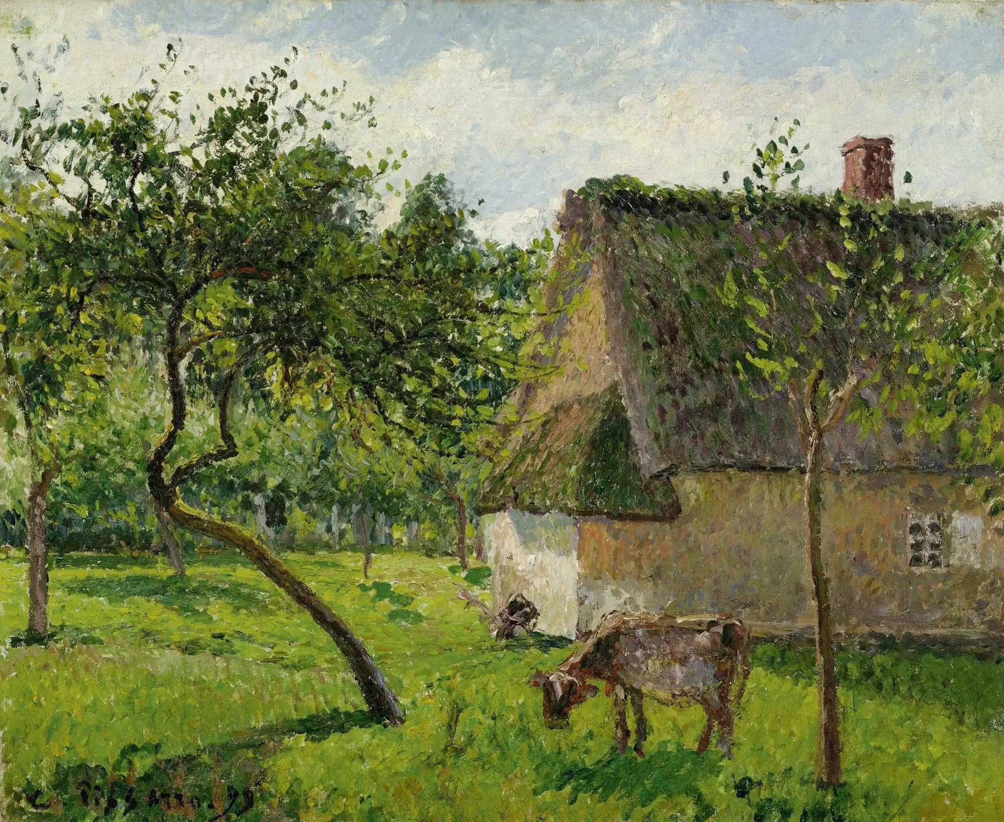 Reproduction du tableau « Verger à Varengeville avec vache (Un clos à Varengeville) - Camille Pissarro » par Alpha Reproduction en peinture à l’huile