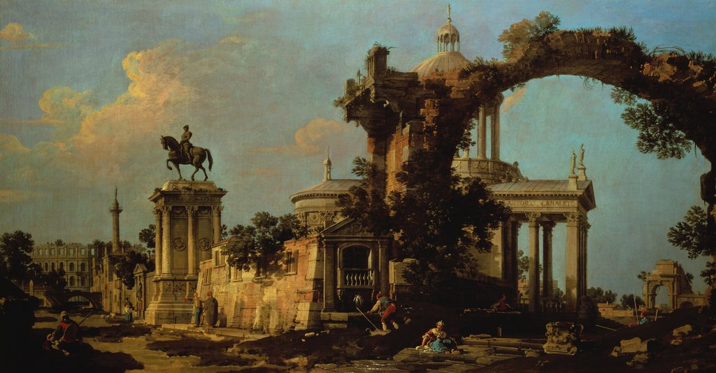 Capriccio de ruines romaines avec une église à coupole et le monument Colleoni - Canaletto