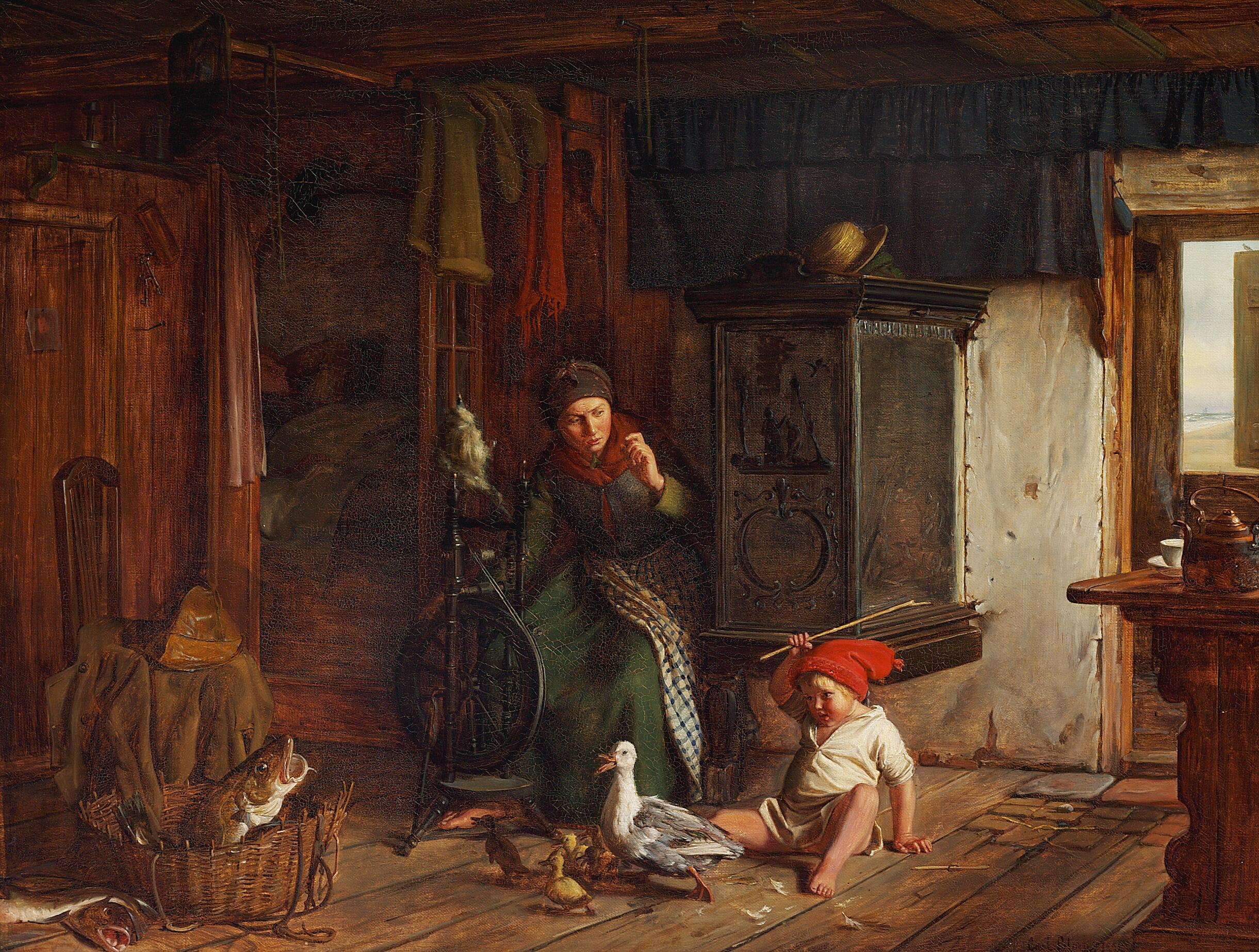 Scène dans une maison de pêcheur. Un garçon attaque un canard. Papa a besoin de dormir. - Carl Heinrich Bloch - Alpha