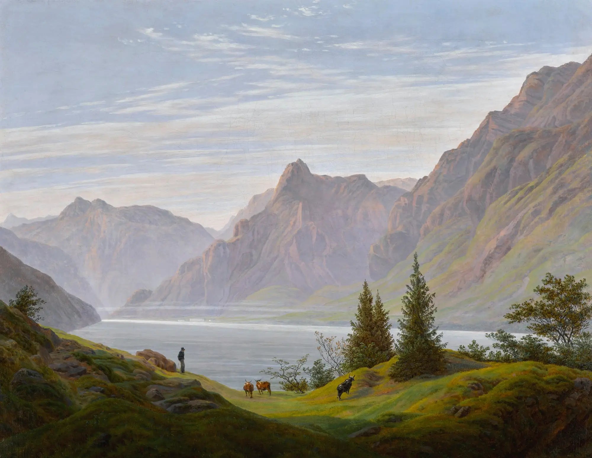 Reproduction du tableau « Paysage au lac de montagne, matin - Caspar David Friedrich » par Alpha Reproduction en peinture à l’huile