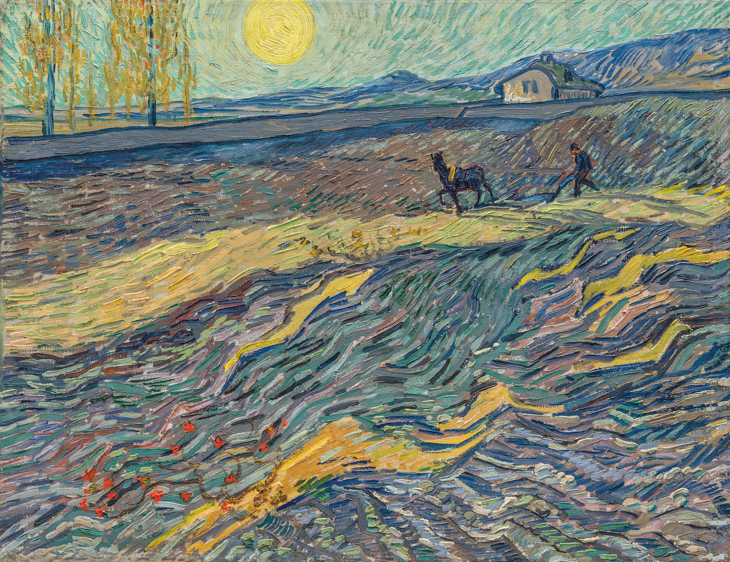 🌾 Åker med bonde som pløyer og mølle – Vincent van Gogh (1889)