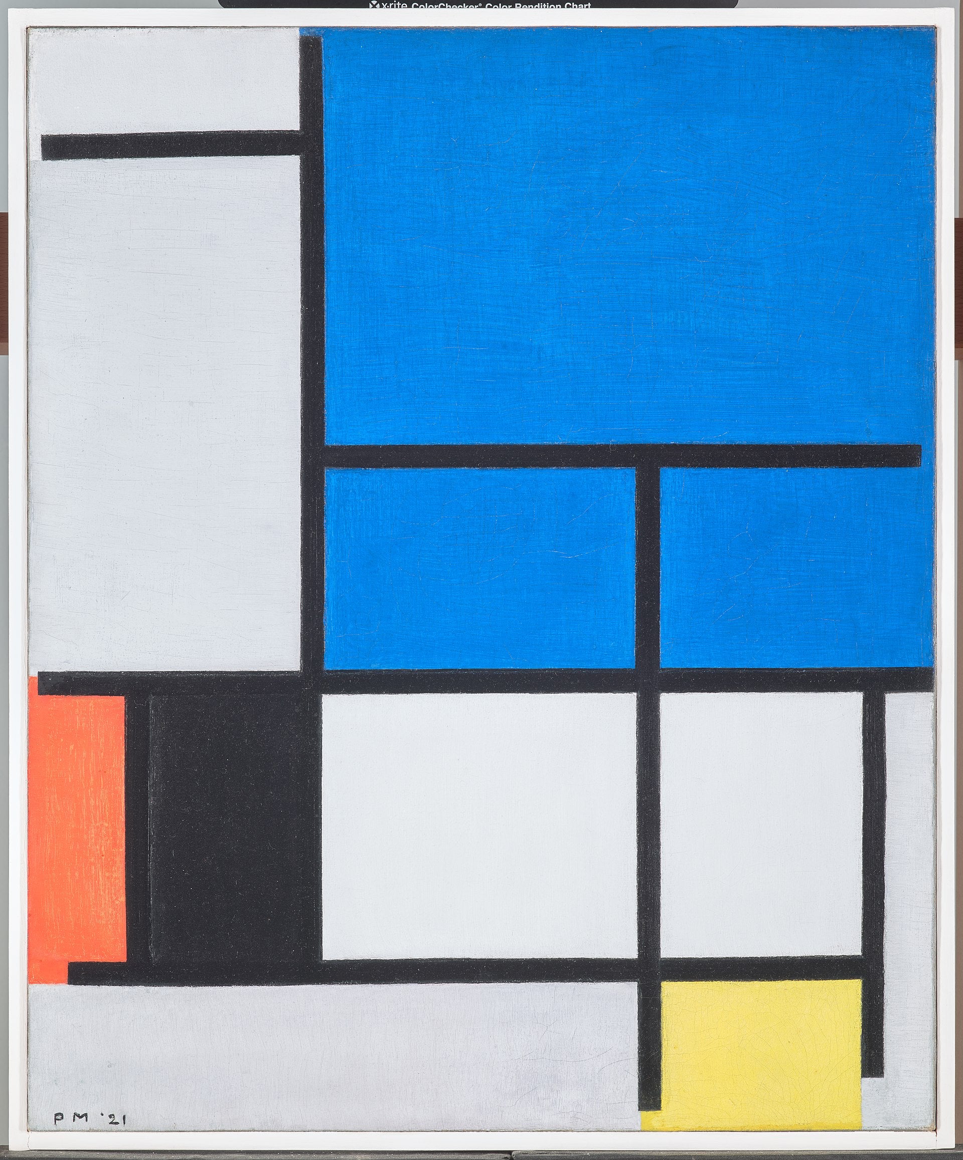 Komposisjon med et stort blått, rødt, svart, gult og grått fly - Piet Mondrian