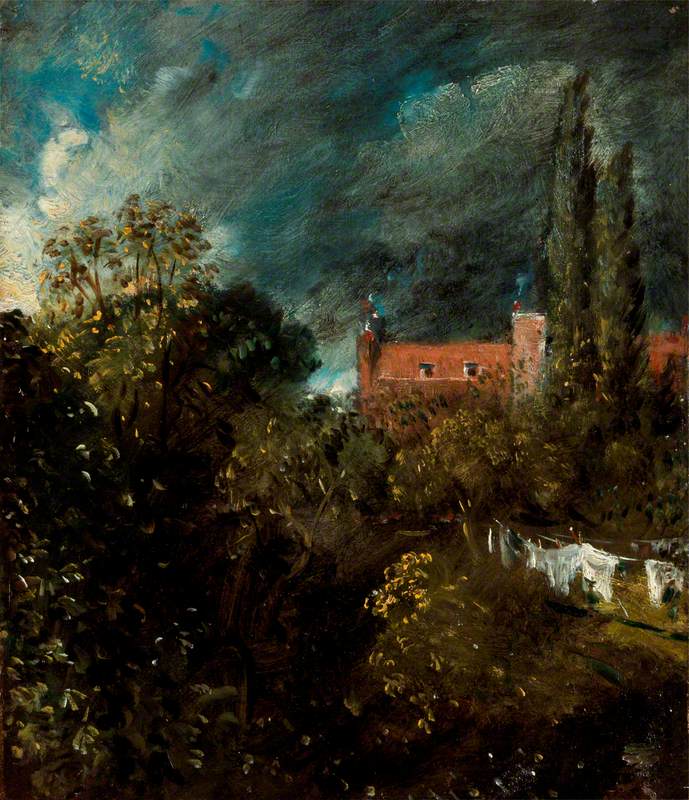 Vue dans un jardin, avec une maison rouge au-delà - John Constable