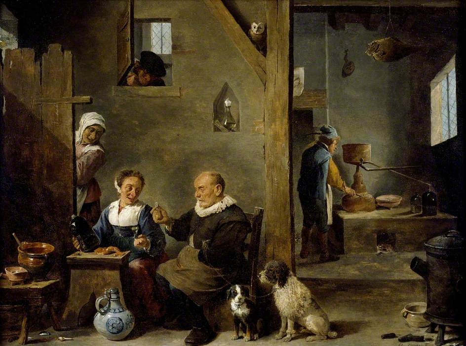 Une distillerie avec un homme âgé achetant du gin à une femme - David Teniers le Jeune