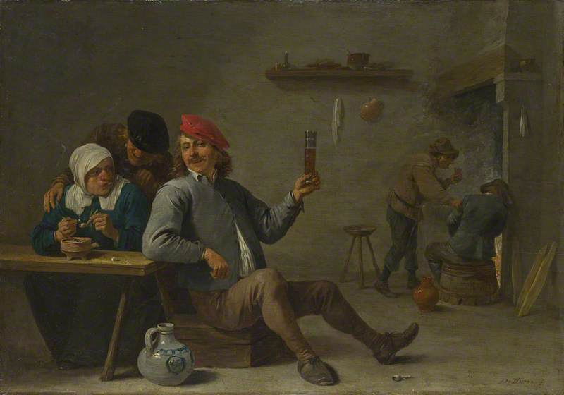 Un homme tenant un verre et une vieille femme allumant une pipe - David Teniers le Jeune