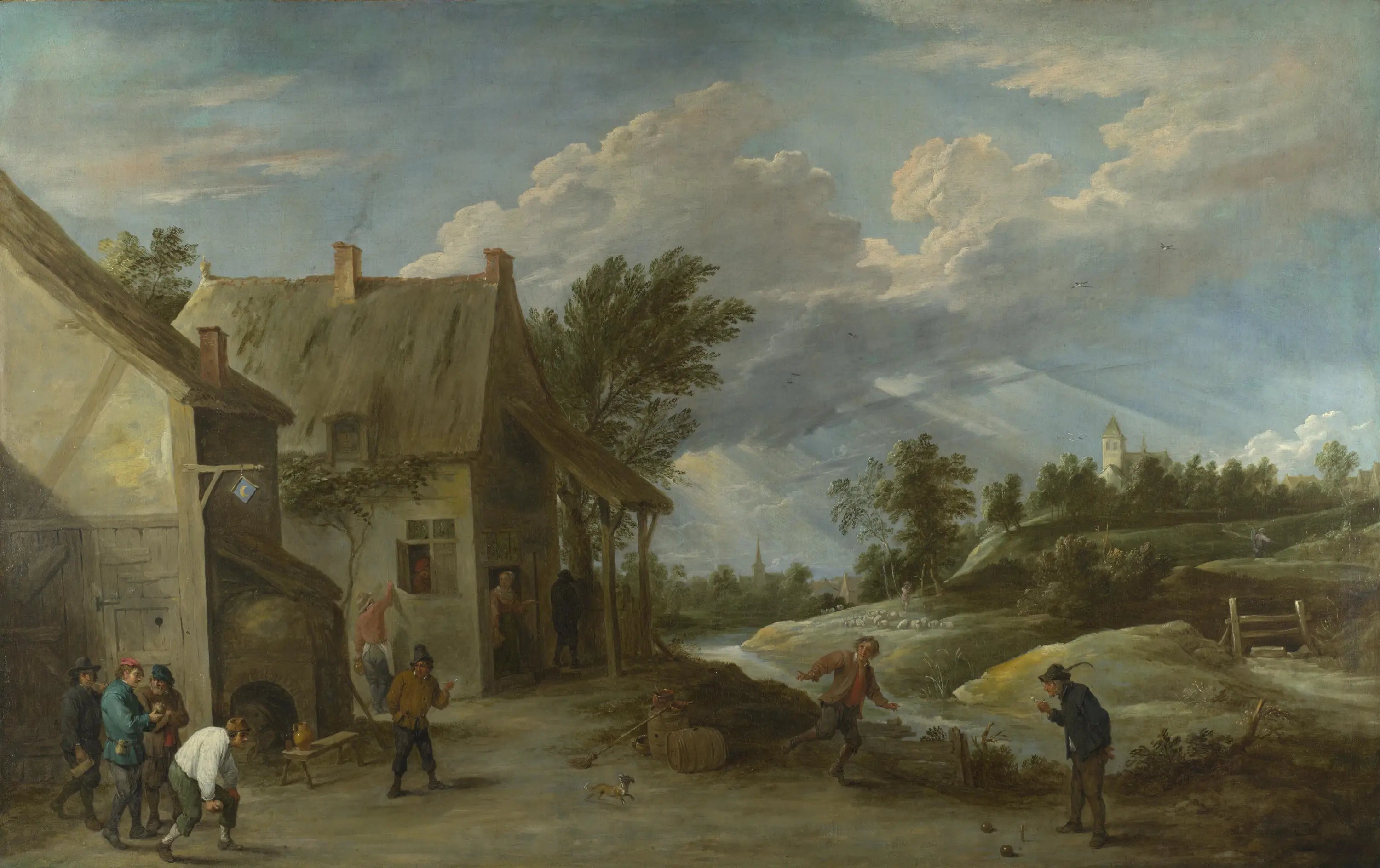 Paysans jouant aux boules devant une auberge de village - David Teniers le Jeune - Alpha Reproduction
