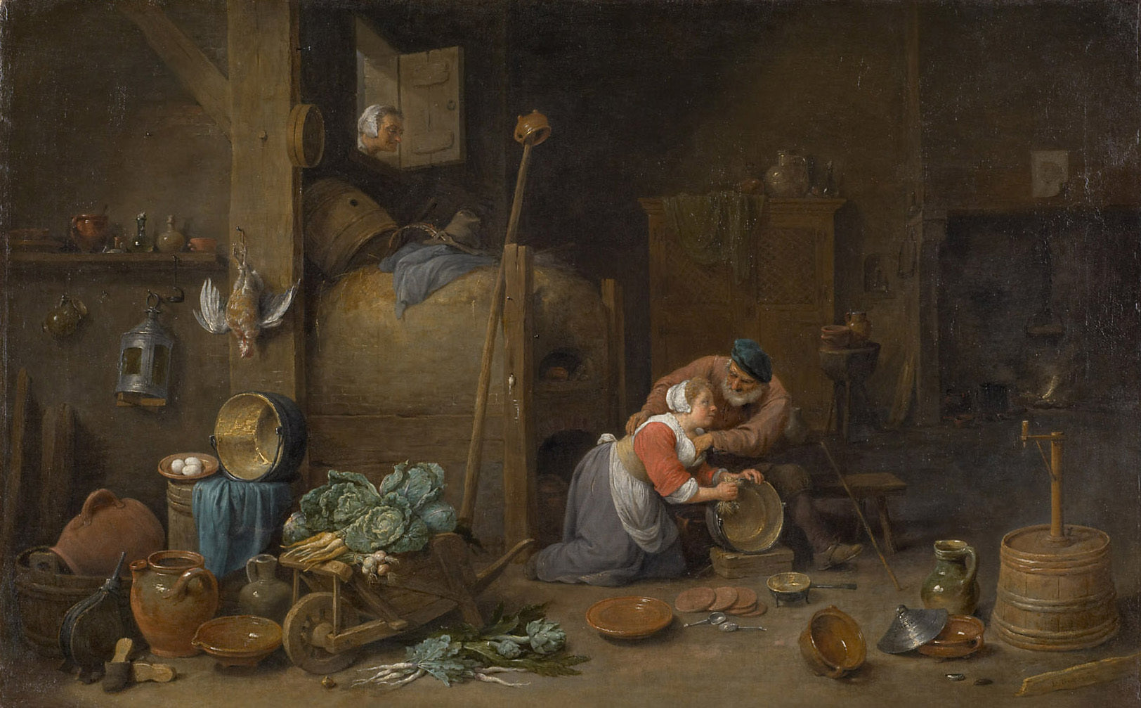 Intérieur avec un vieil homme pelotant une femme de ménage - David Teniers le Jeune