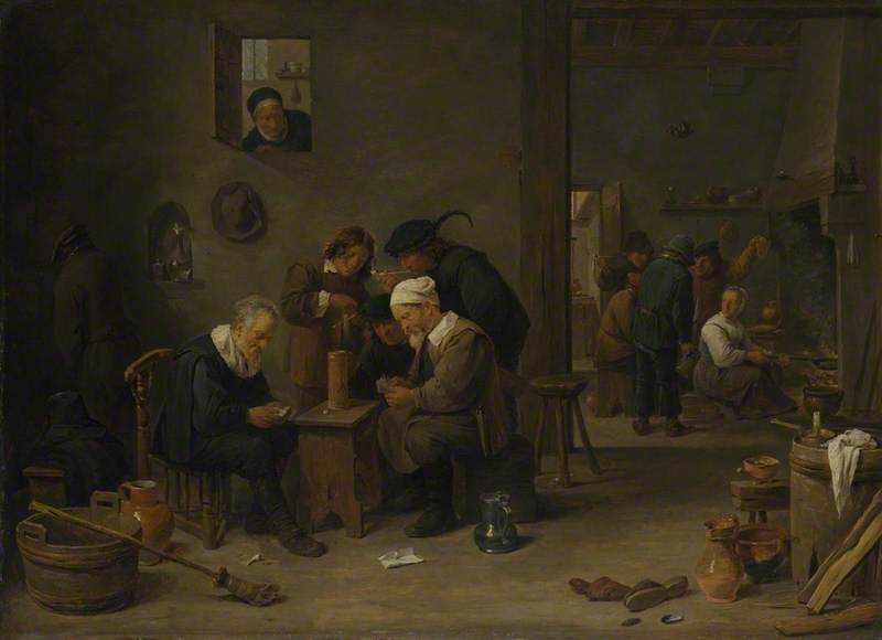 Deux hommes jouant aux cartes dans la cuisine d'une auberge - David Teniers le Jeune
