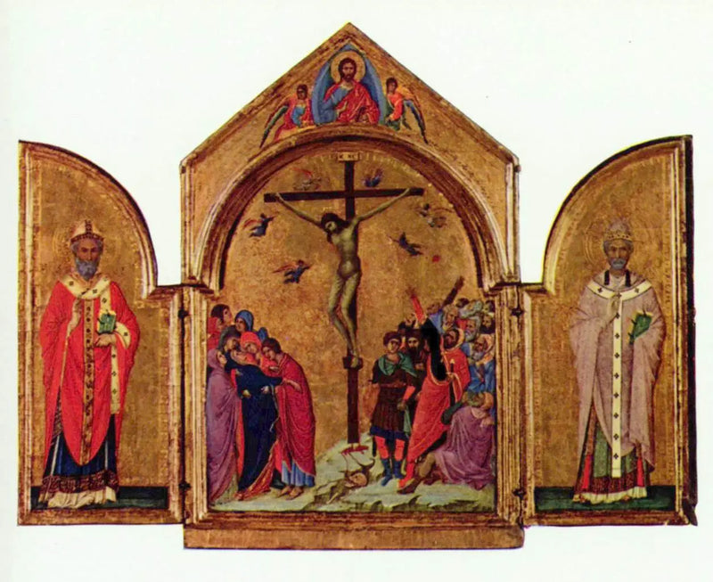 Triptyk: Korsfestelsen; Frelseren med engler; Saint Nicolas; Saint Gregor - Duccio di Buoninsegna