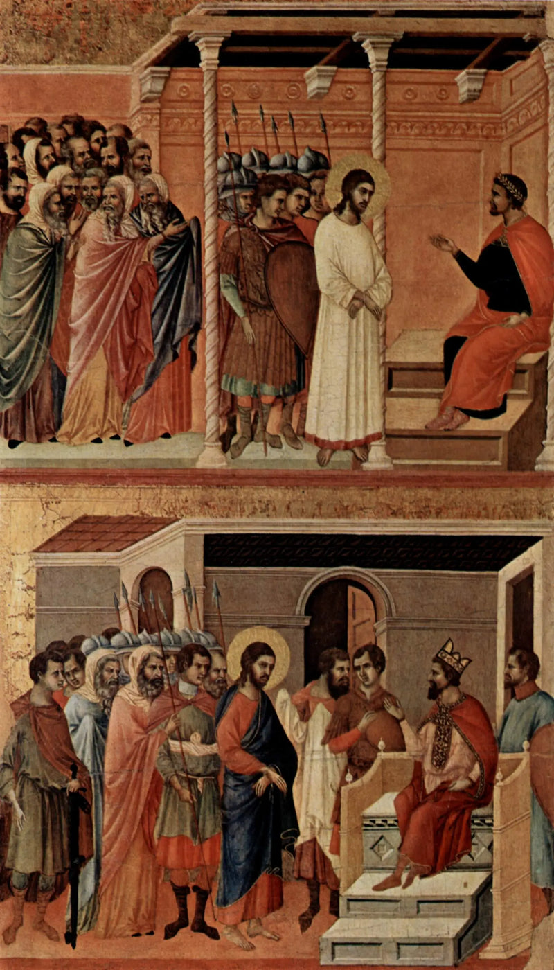 Kristus foran Pilatus igjen (øverst); Kristus foran Herodes (nederst) - Duccio di Buoninsegna