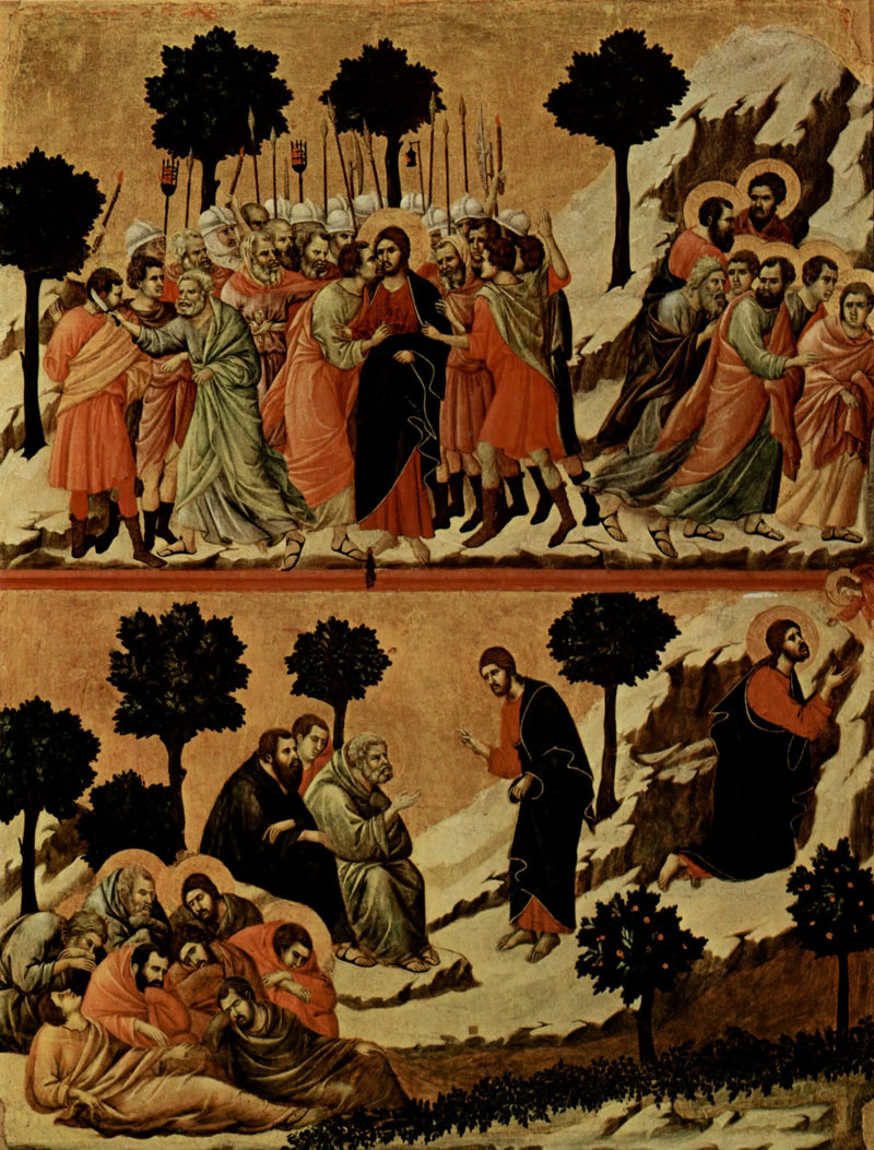 Pågripelsen av Jesus (øverst); Agoni i hagen (nederst) - Duccio di Buoninsegna