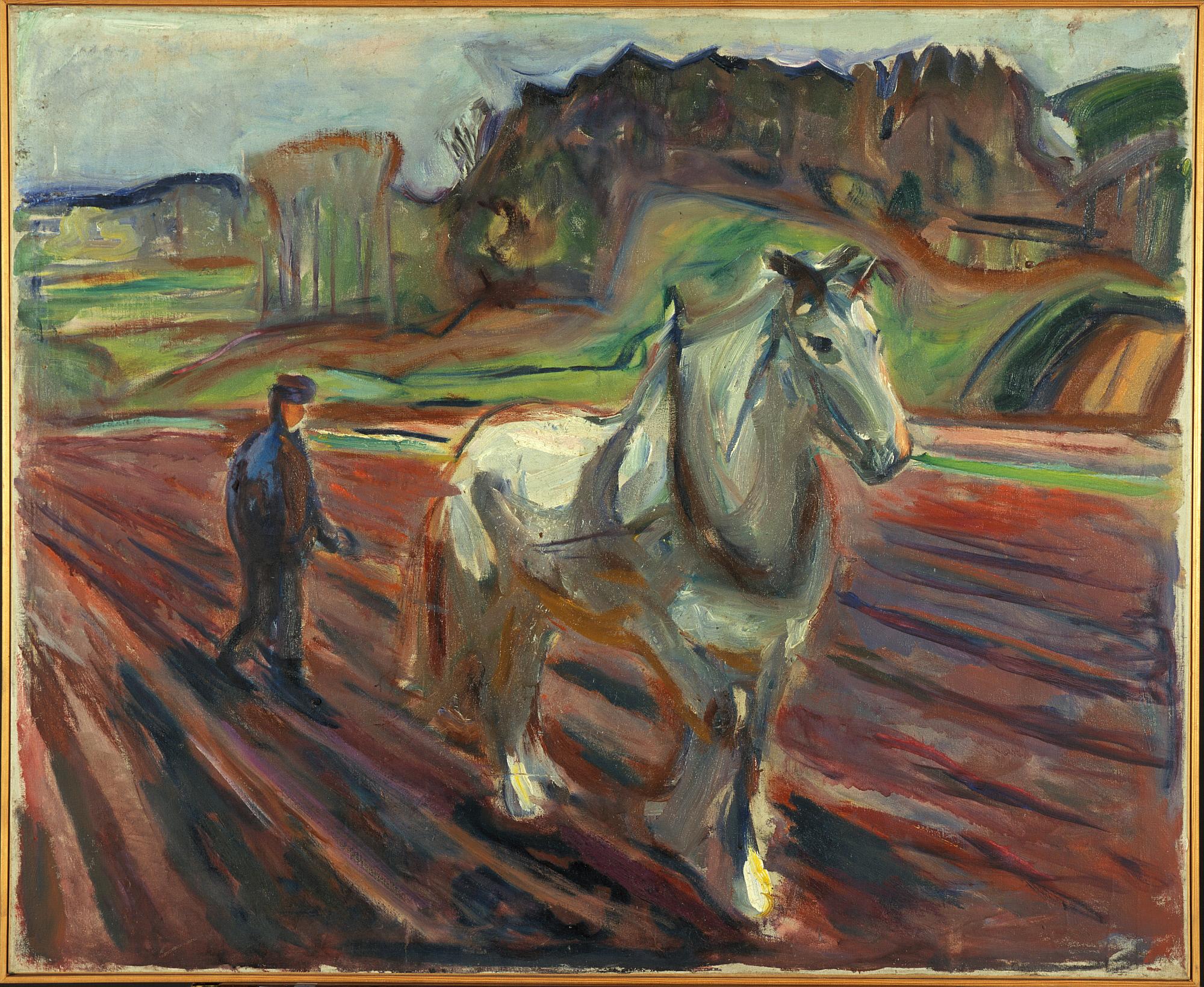 Reproduction du tableau « Homme travaillant avec un cheval blanc - Edvard Munch » par Alpha Reproduction en peinture à l’huile