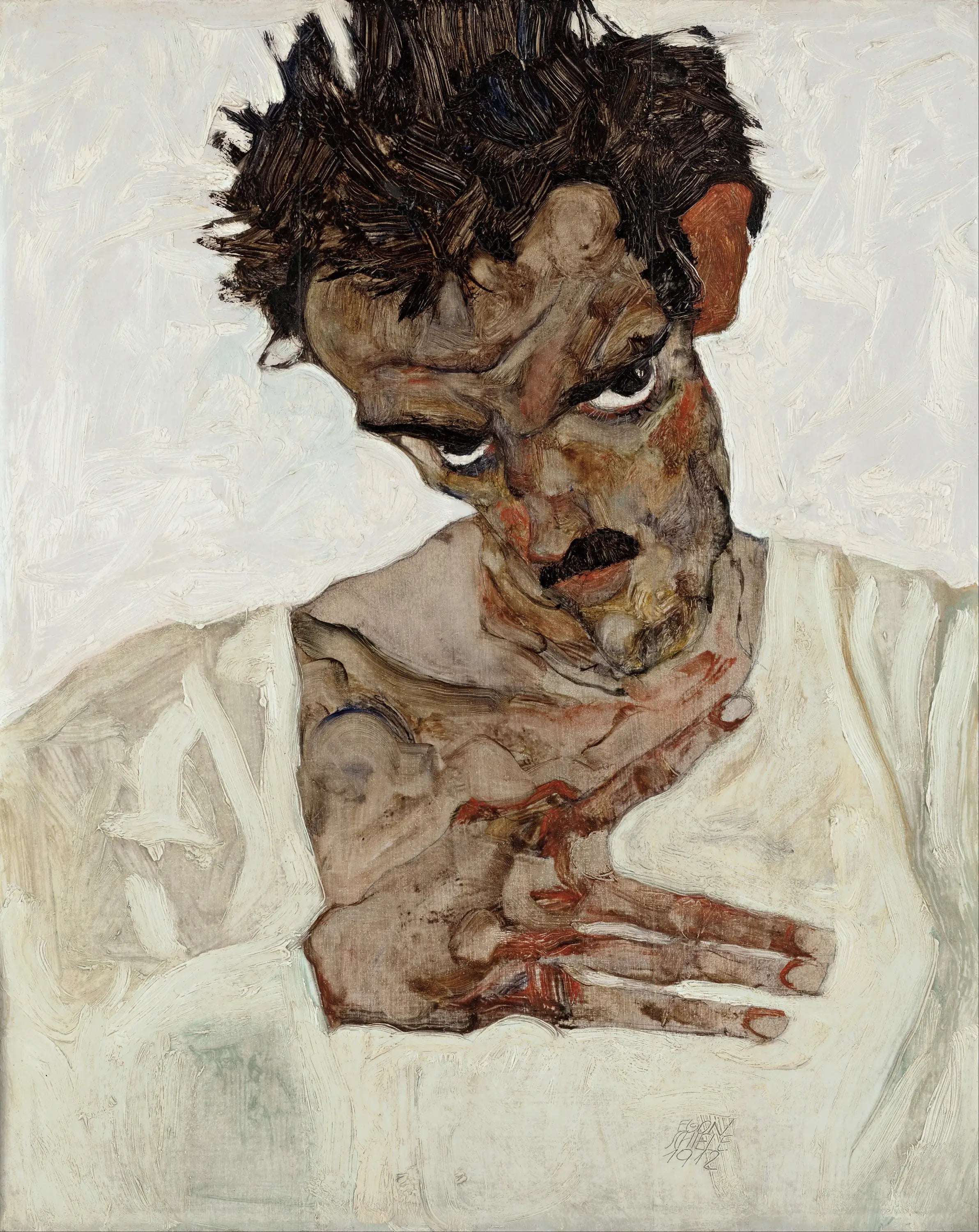 Reproduction du tableau « Autoportrait tête baissée - Egon Schiele » par Alpha Reproduction en peinture à l’huile