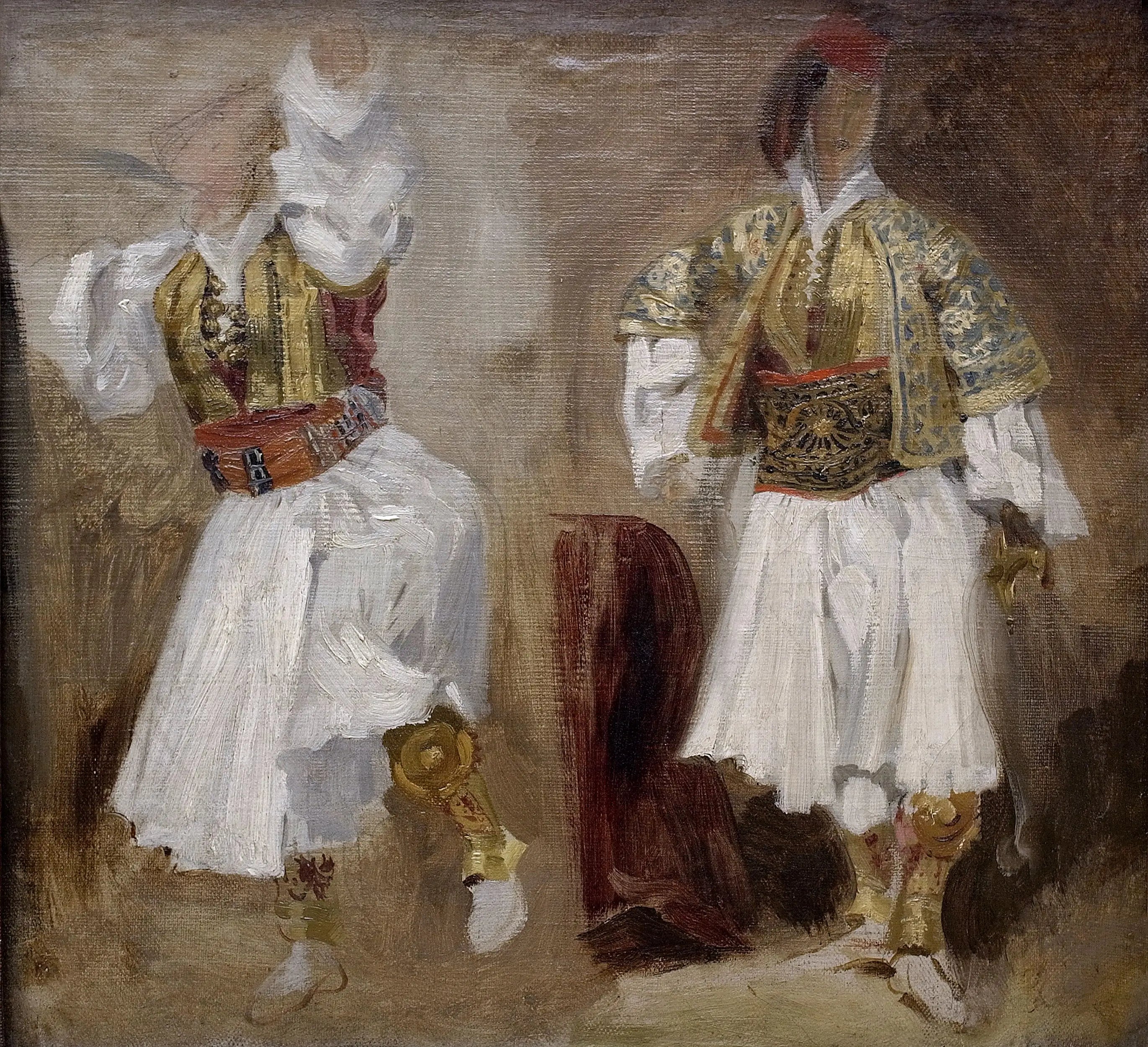 Reproduction du tableau « Deux études de costumes souliotes - Eugène Delacroix » par Alpha Reproduction en peinture à l’huile