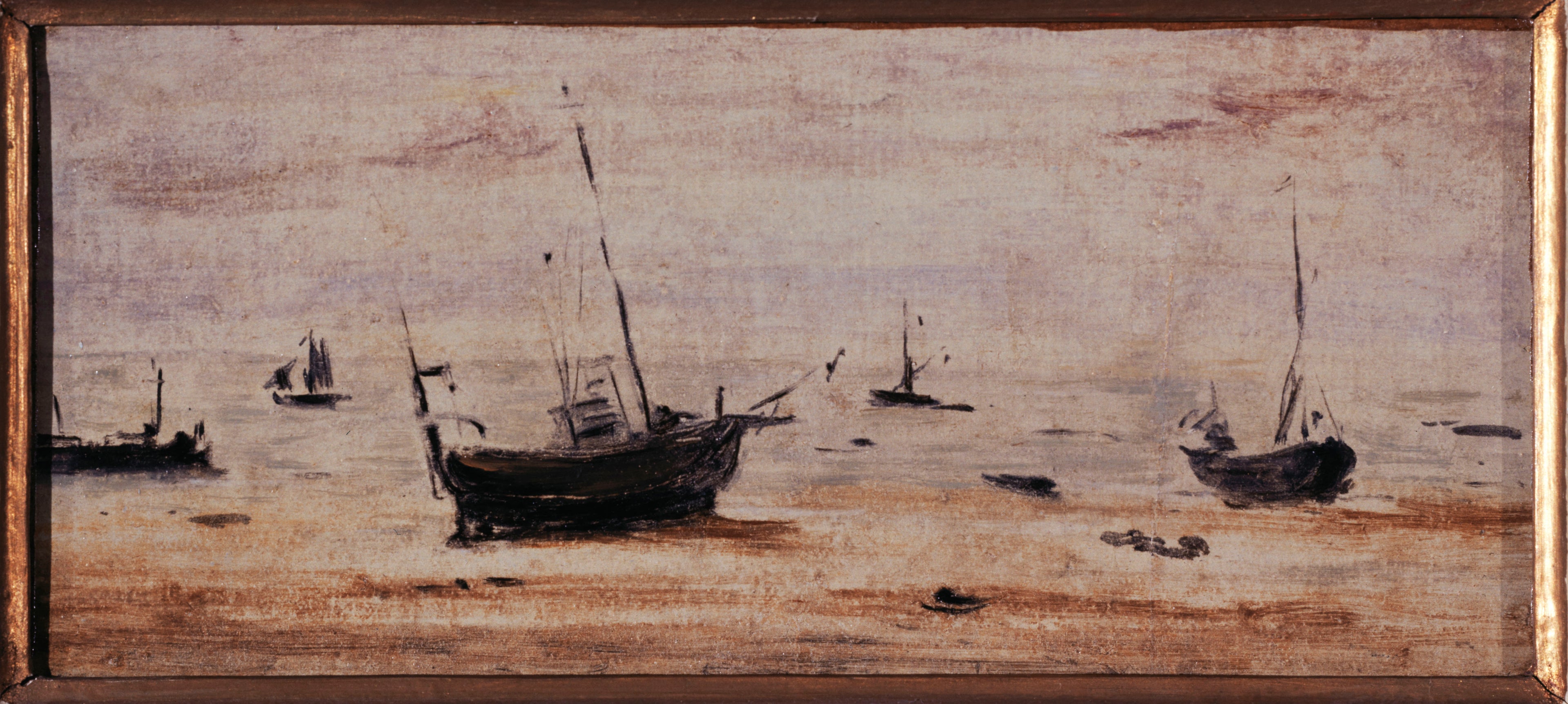 Reproduction du tableau « Bateaux échoués à marée basse - Eugène Boudin » par Alpha Reproduction en peinture à l’huile
