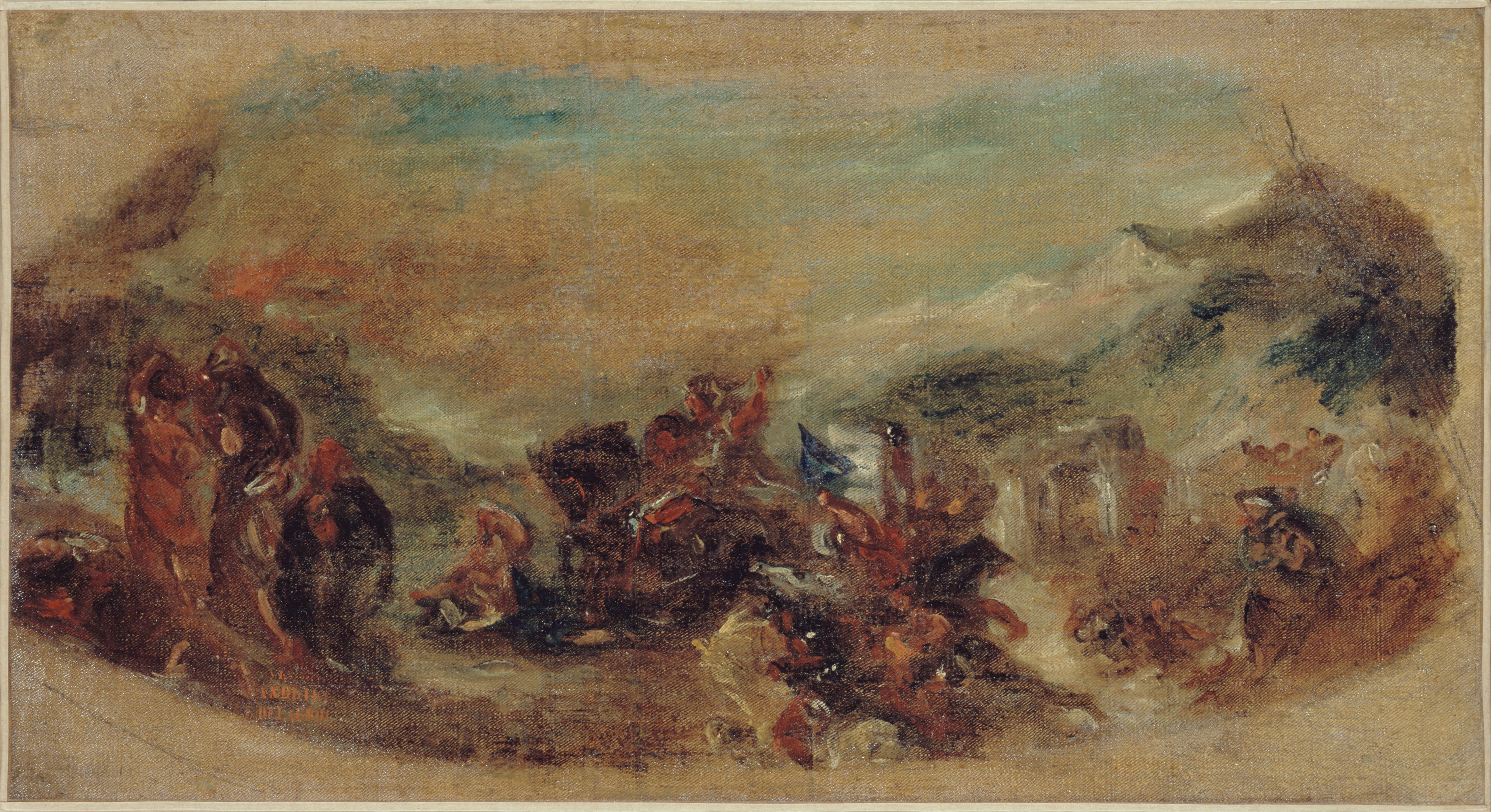 Reproduction du tableau « Esquisse pour la bibliothèque du palais Bourbon : Attila suivi de ses hordes barbares foule aux pieds l'Italie et les Arts - Eugène Delacroix » par Alpha Reproduction en peinture à l’huile