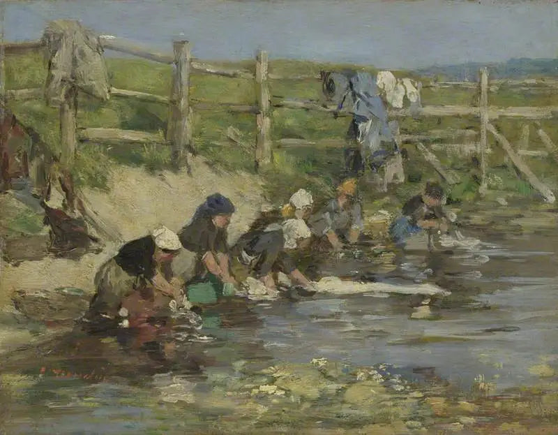 Reproduction du tableau « Blanchisseuses au bord d'un ruisseau - Eugène Boudin » par Alpha Reproduction en peinture à l’huile