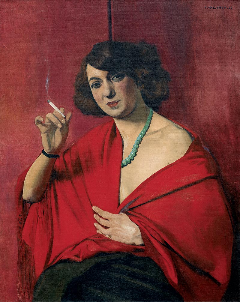 Femme drapée de rouge tenant une cigarette - Félix Vallotton