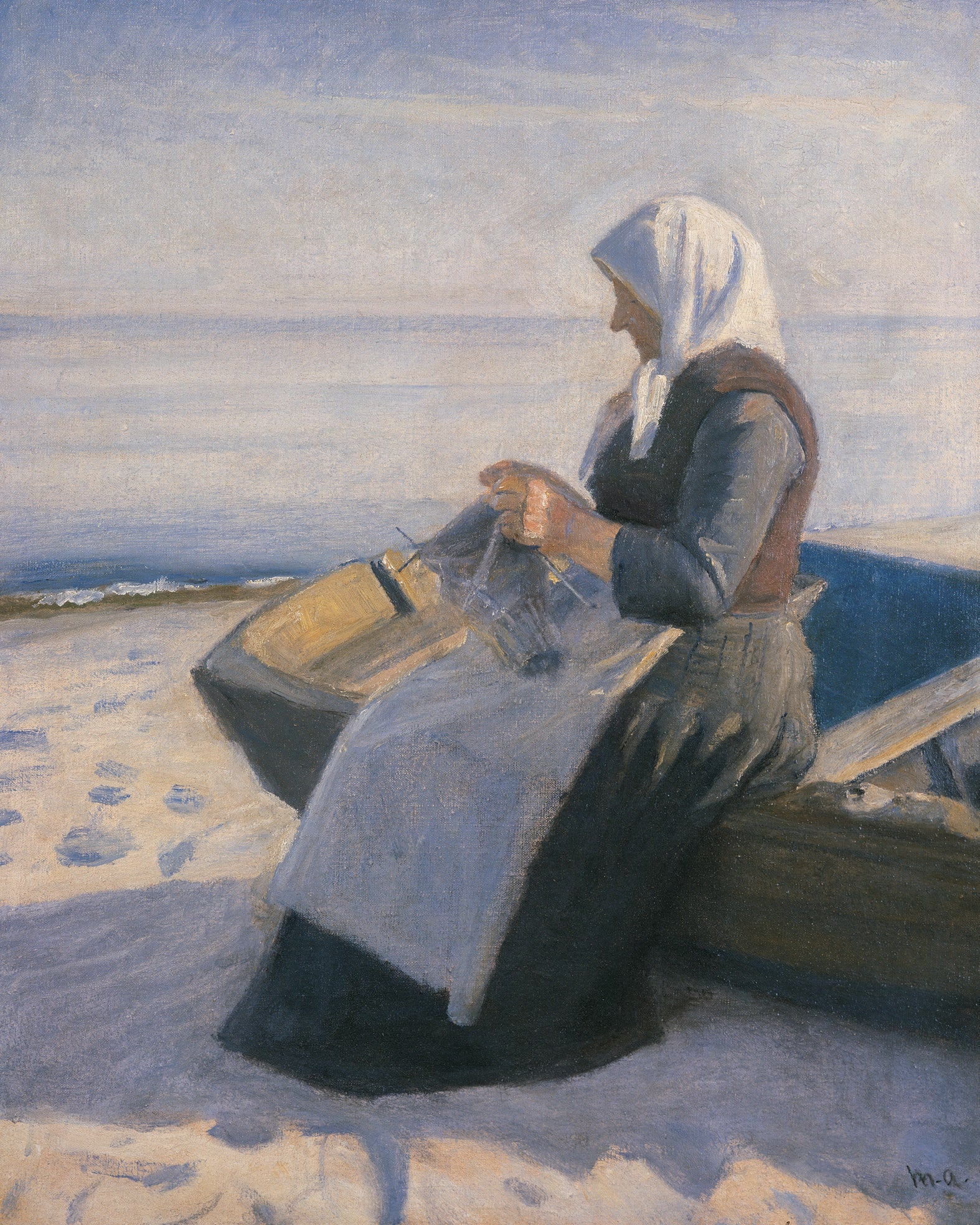 Femme de pêcheur tricotant sur la plage de Skagen - Michael Peter Ancher - Alpha Reproduction