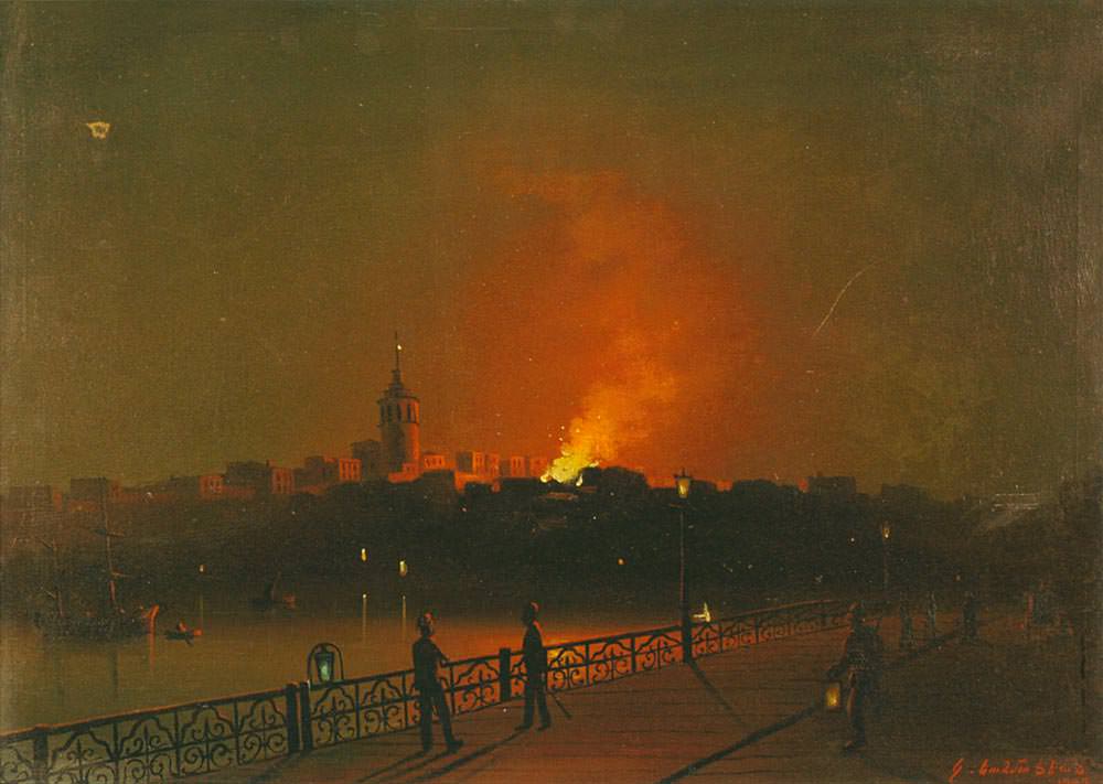 L’Incendie de Galata — Garabet Yazmaciyan, vers 1900, huile sur toile