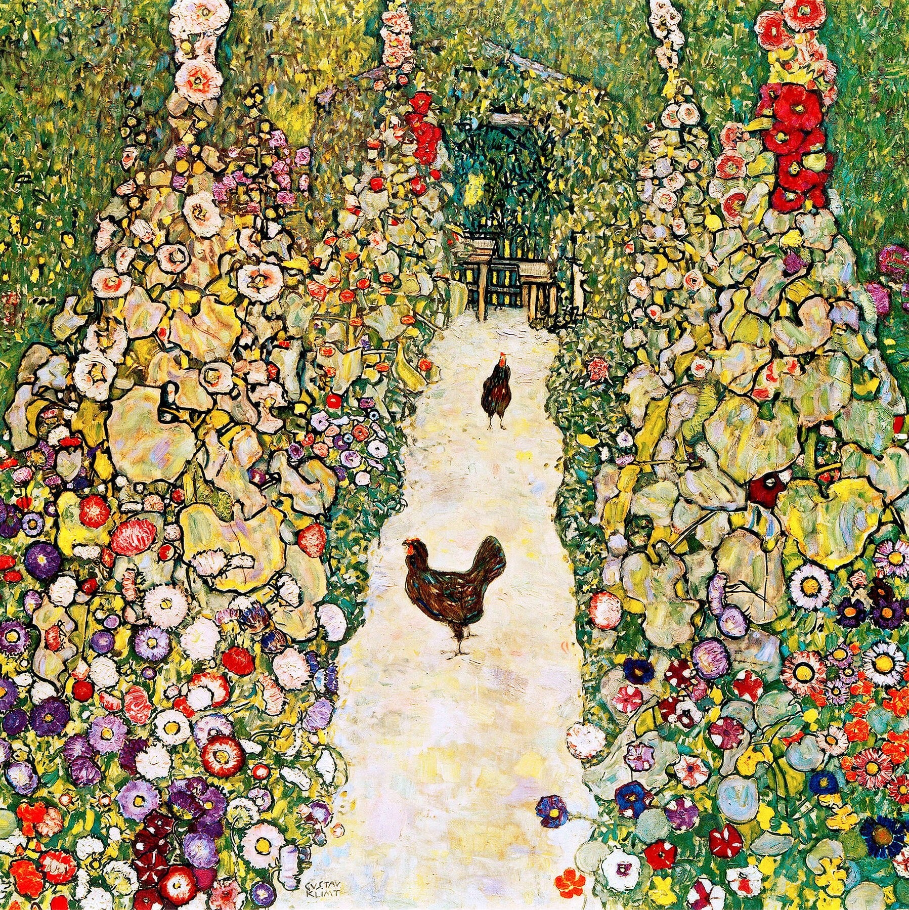 Hagegang med høner - Gustav Klimt