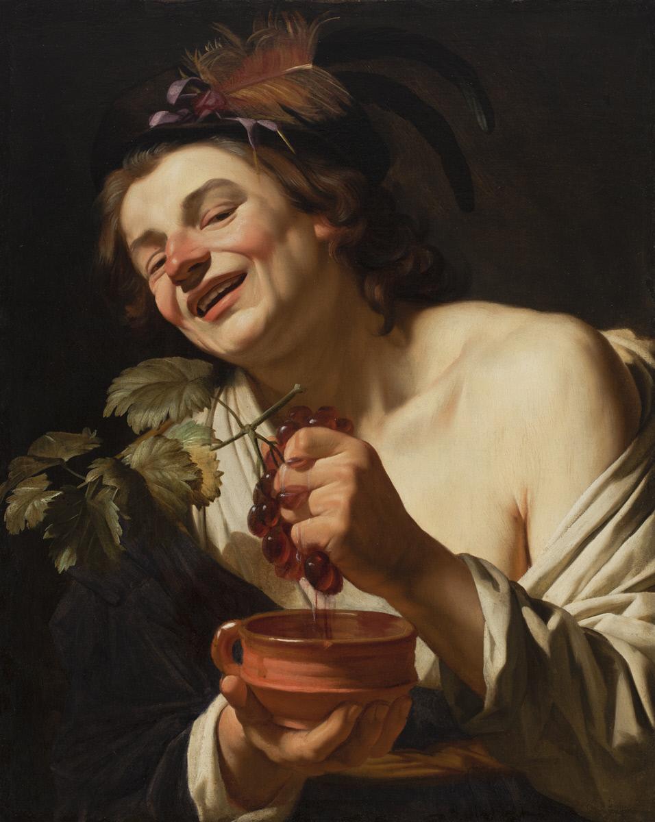 Jeune homme souriant pressant des raisins - Gerrit van Honthorst - Alpha Reproduction