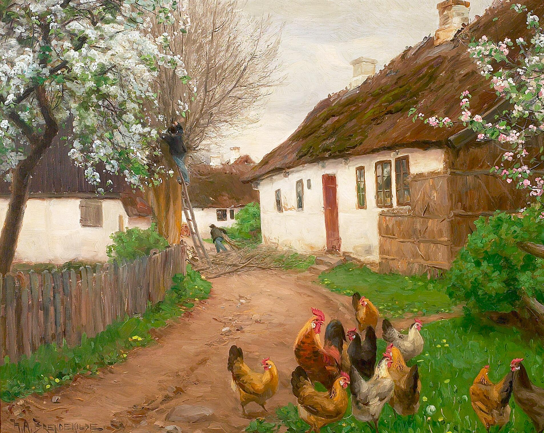 La vie du village un jour de printemps avec des gens et des arbres. - H. A. Brendekilde