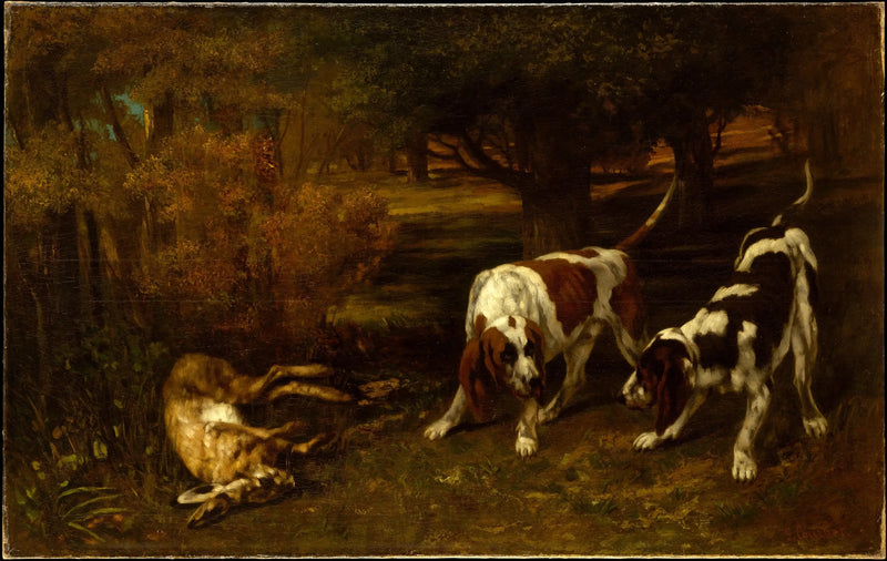 Jakthunder og død hare - Gustave Courbet
