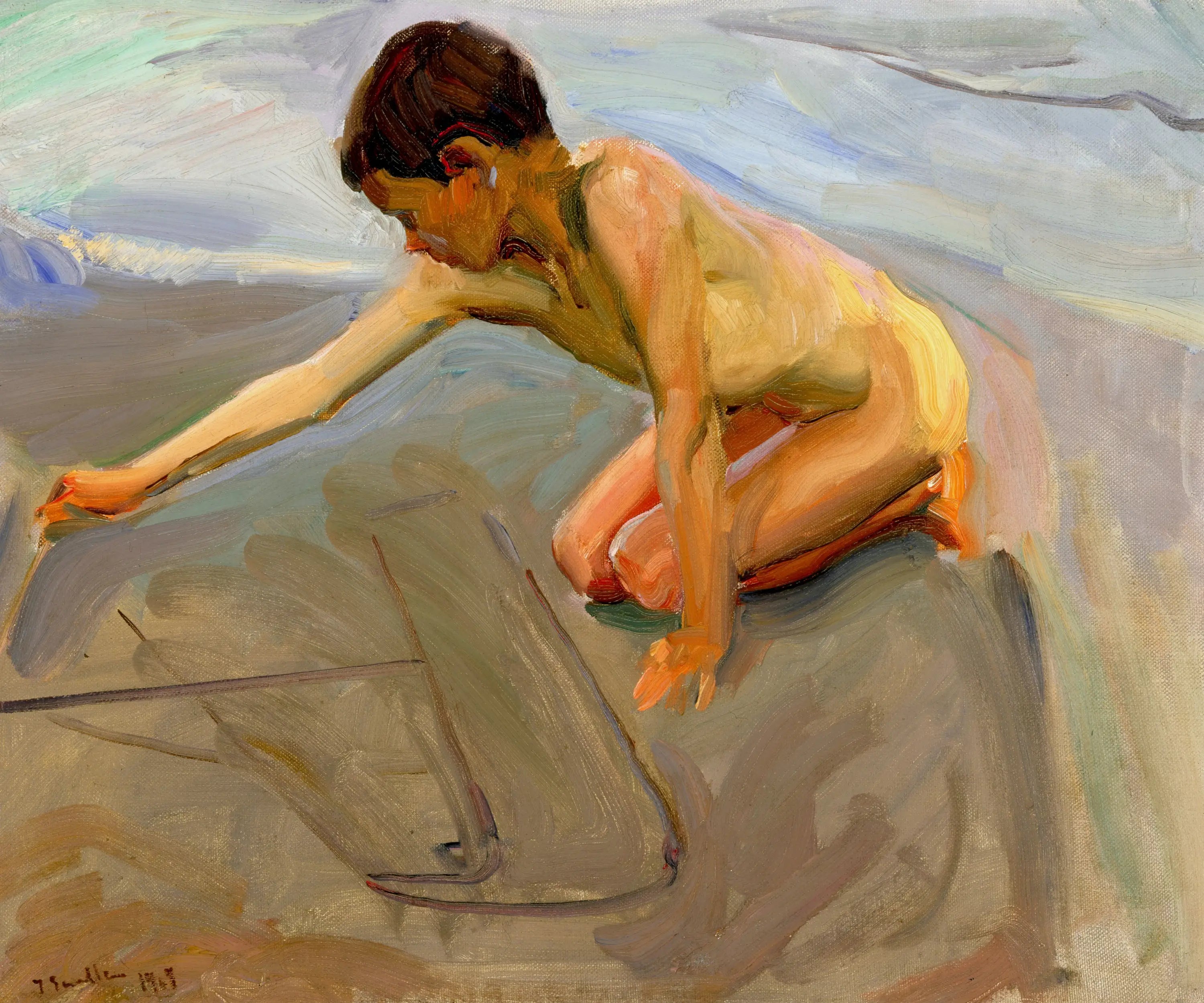Reproduction du tableau « Dessiner dans le sable - Joaquín Sorolla » par Alpha Reproduction en peinture à l’huile