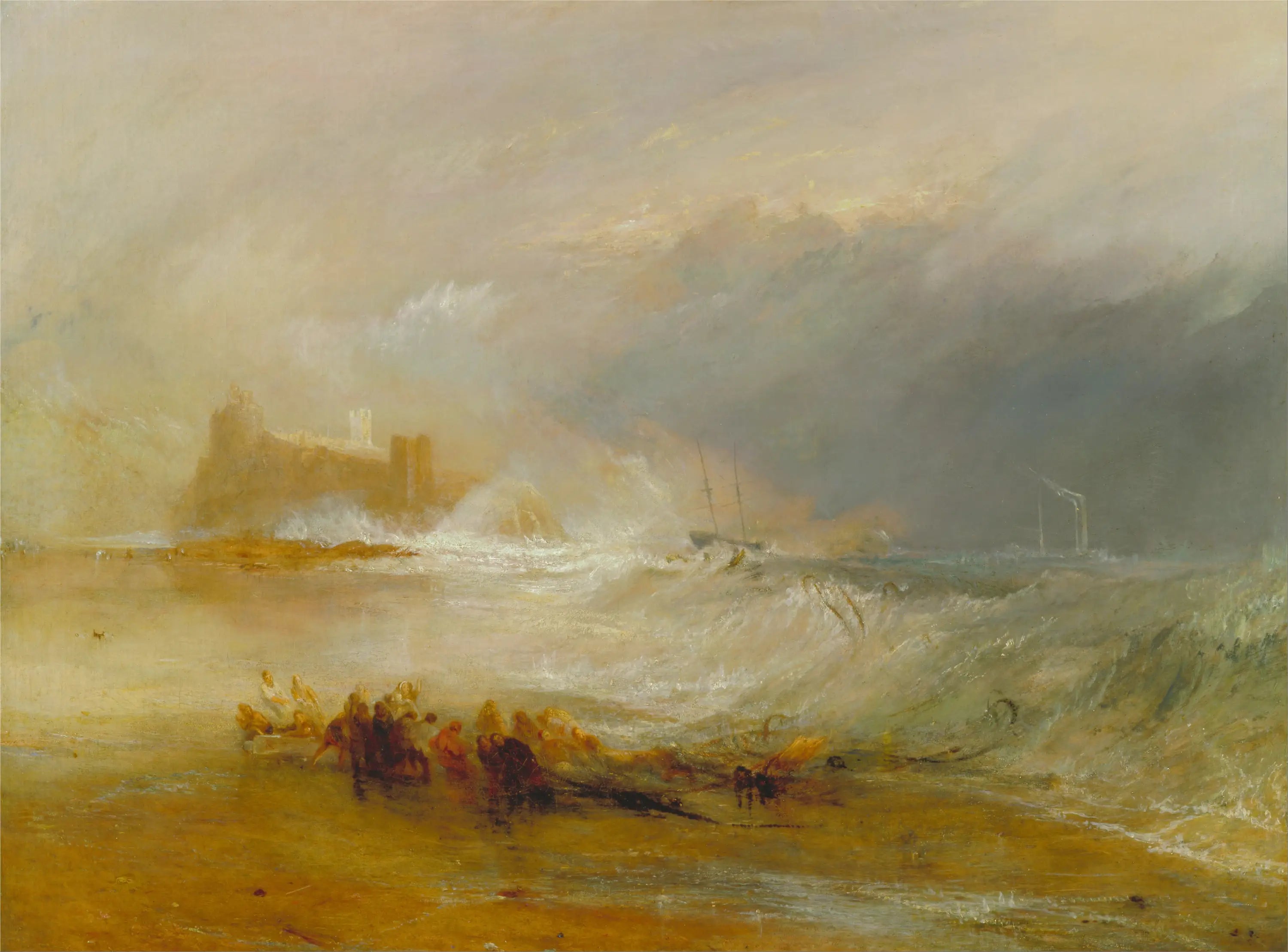 Reproduction du tableau « Wreckers -- Coast of Northumberland, with a Steam-Boat Assisting a Ship off Shore - J. M. W. Turner » par Alpha Reproduction en peinture à l’huile